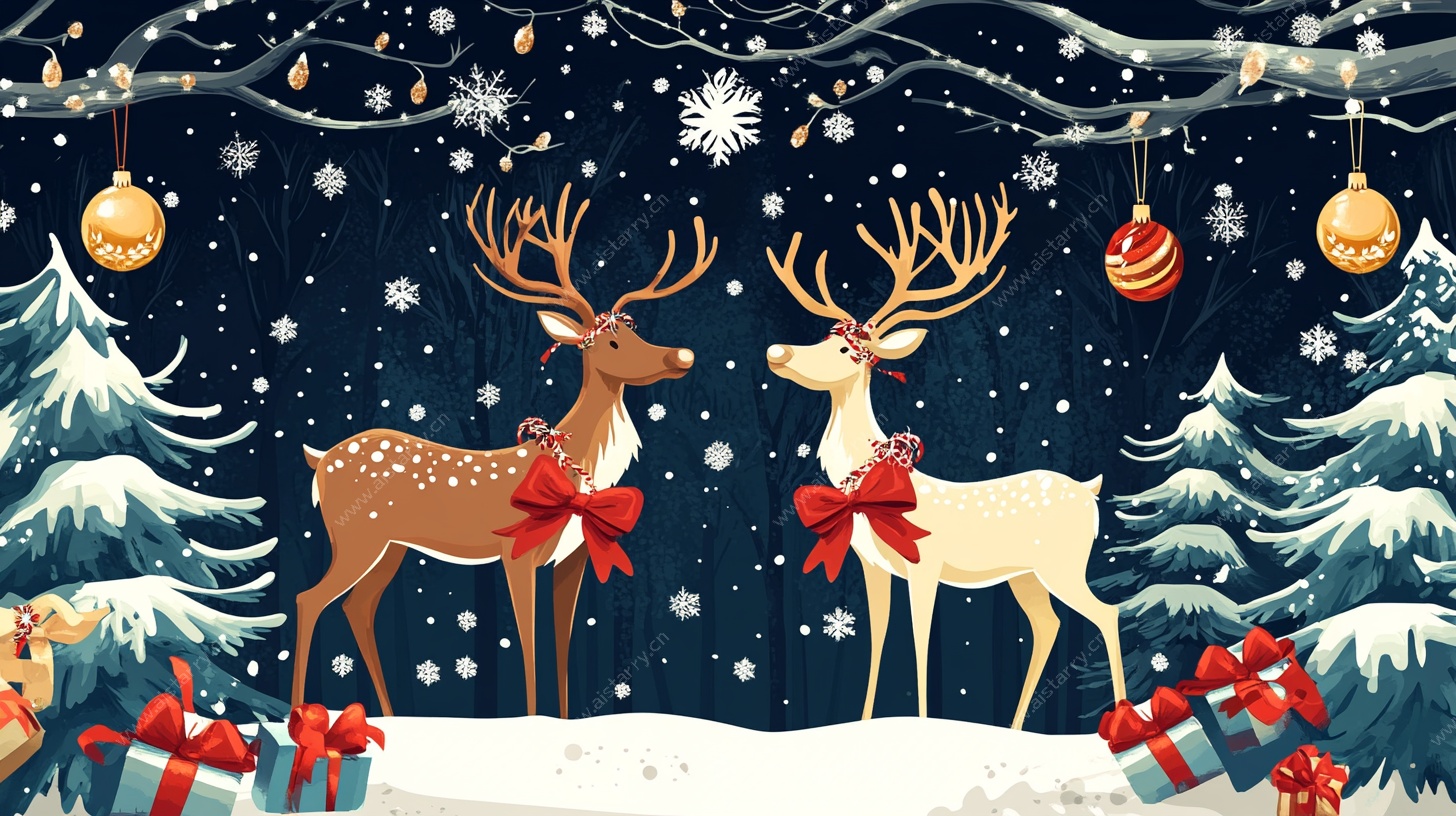 圣诞夜的驯鹿与礼物