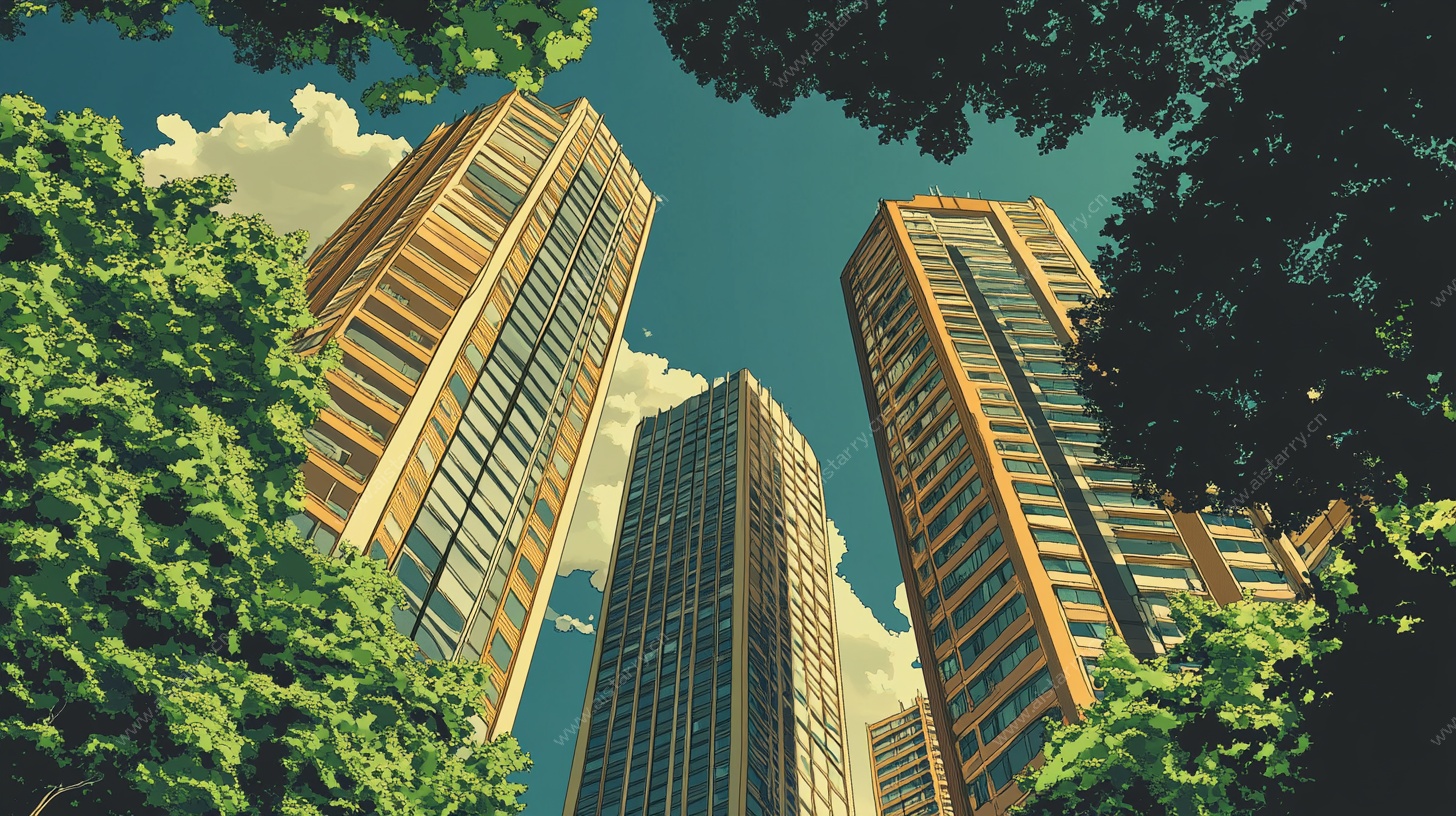 仰视城市高楼与绿树景观