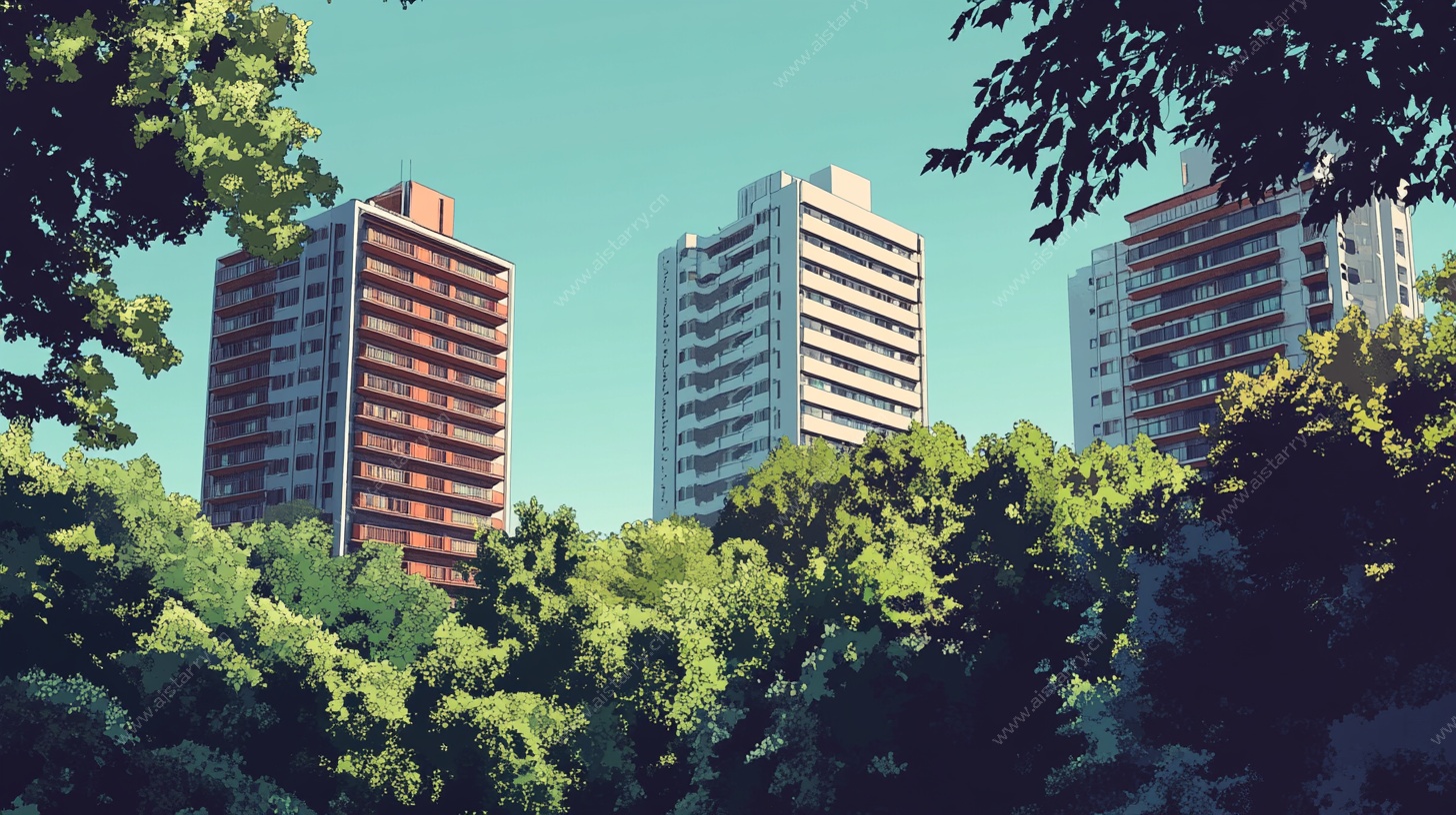 绿树掩映中的高楼建筑