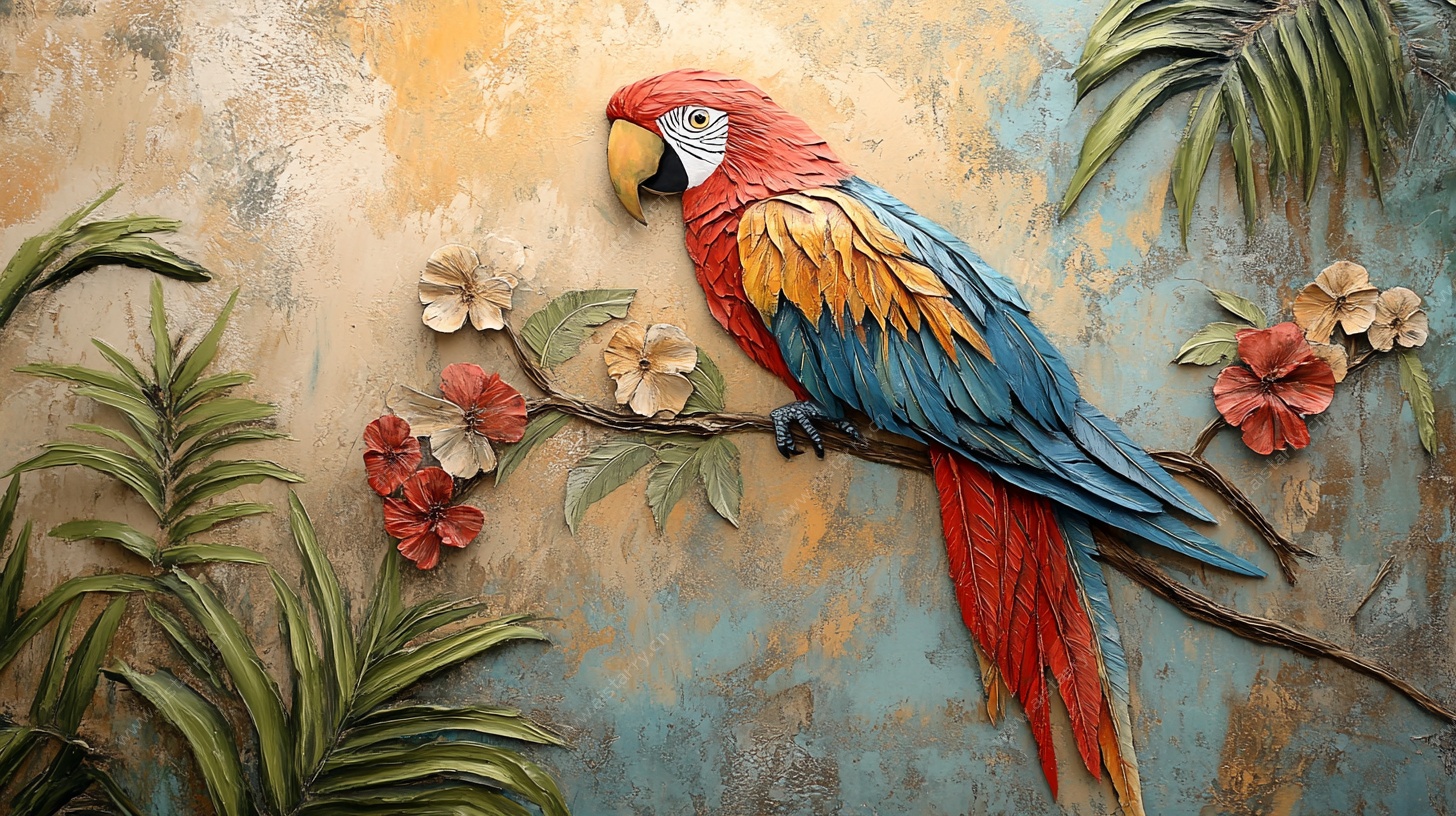 鹦鹉栖枝壁画图