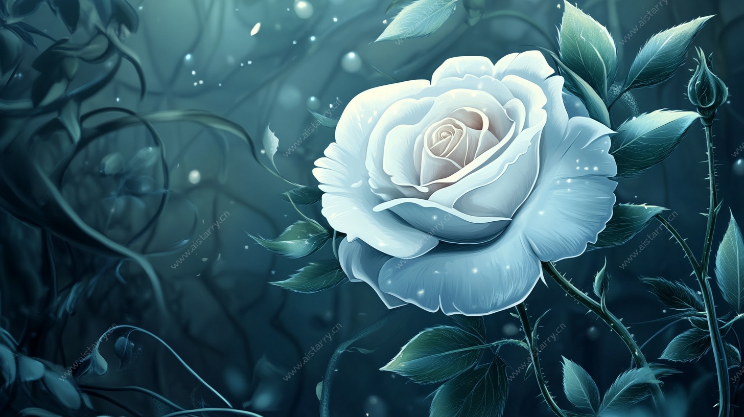 梦幻蓝调白玫瑰插画