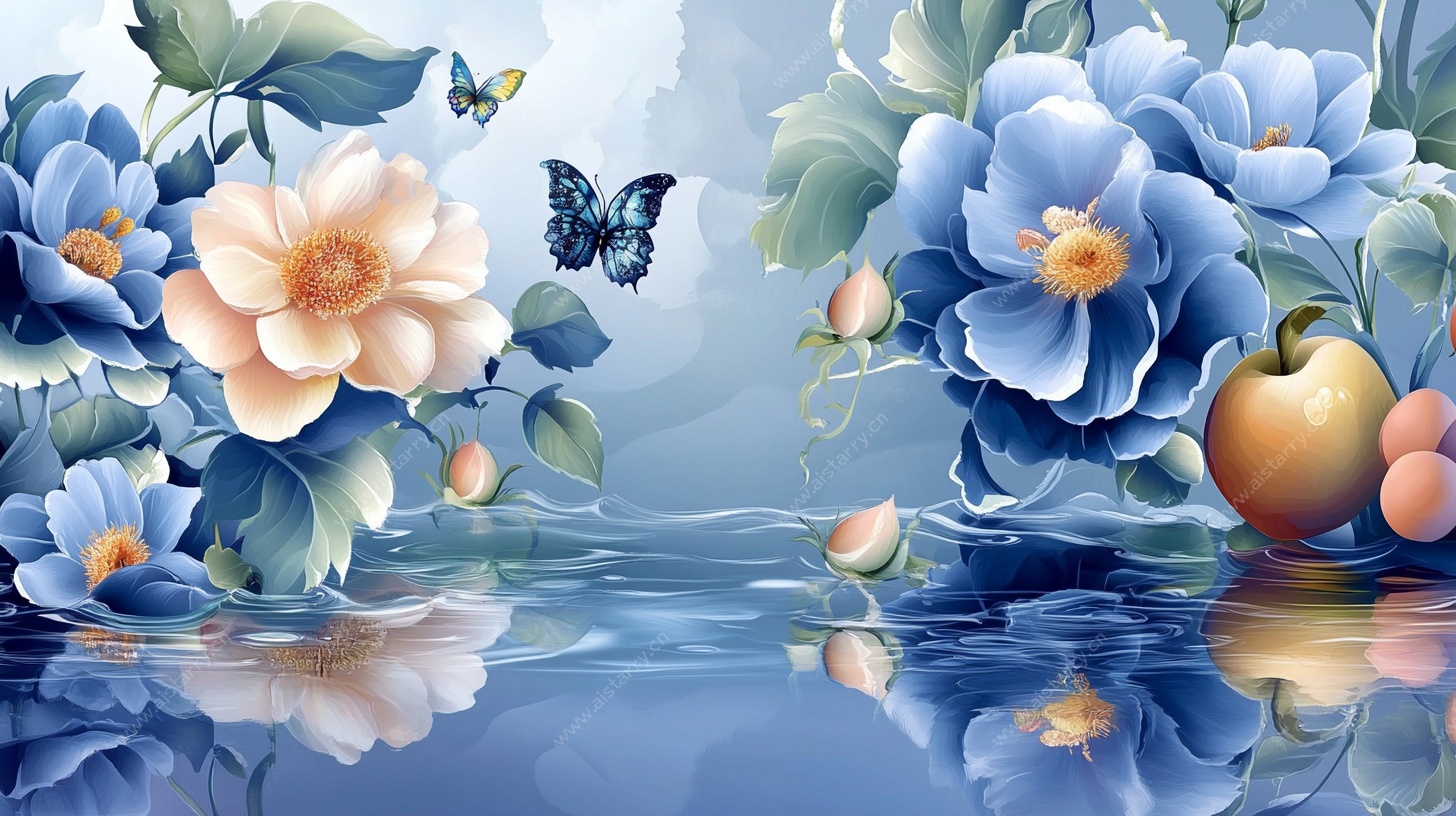 蓝调花卉蝴蝶倒影图景