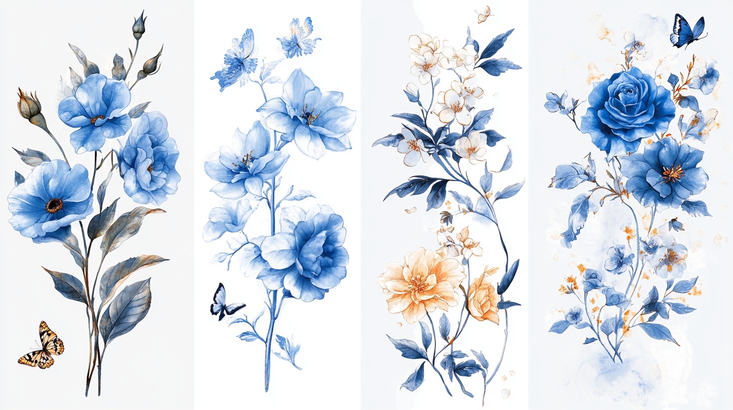 蓝色花卉水彩插画组图