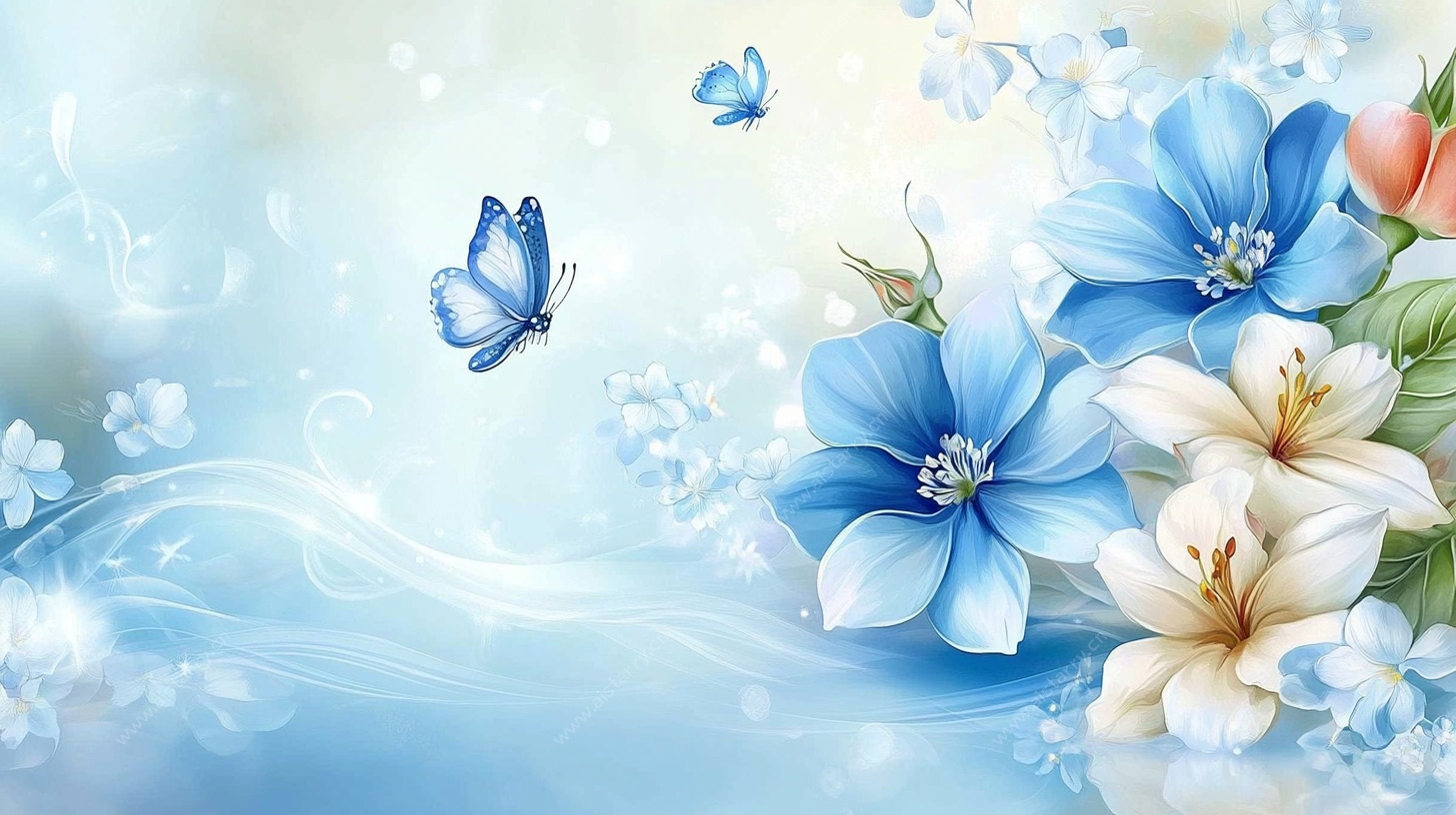 梦幻蓝白花卉蝴蝶背景图