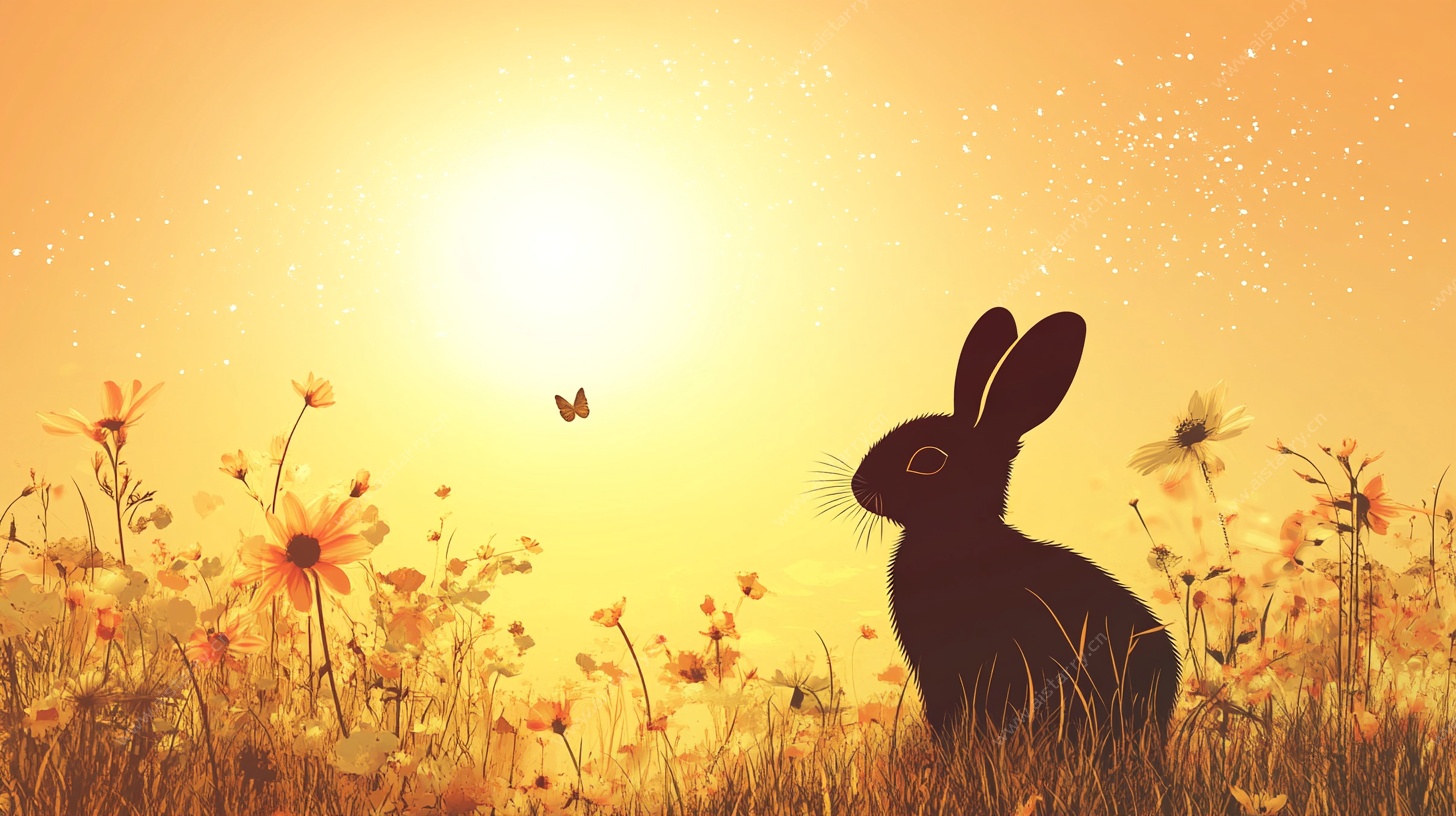 夕阳下的兔子与花丛