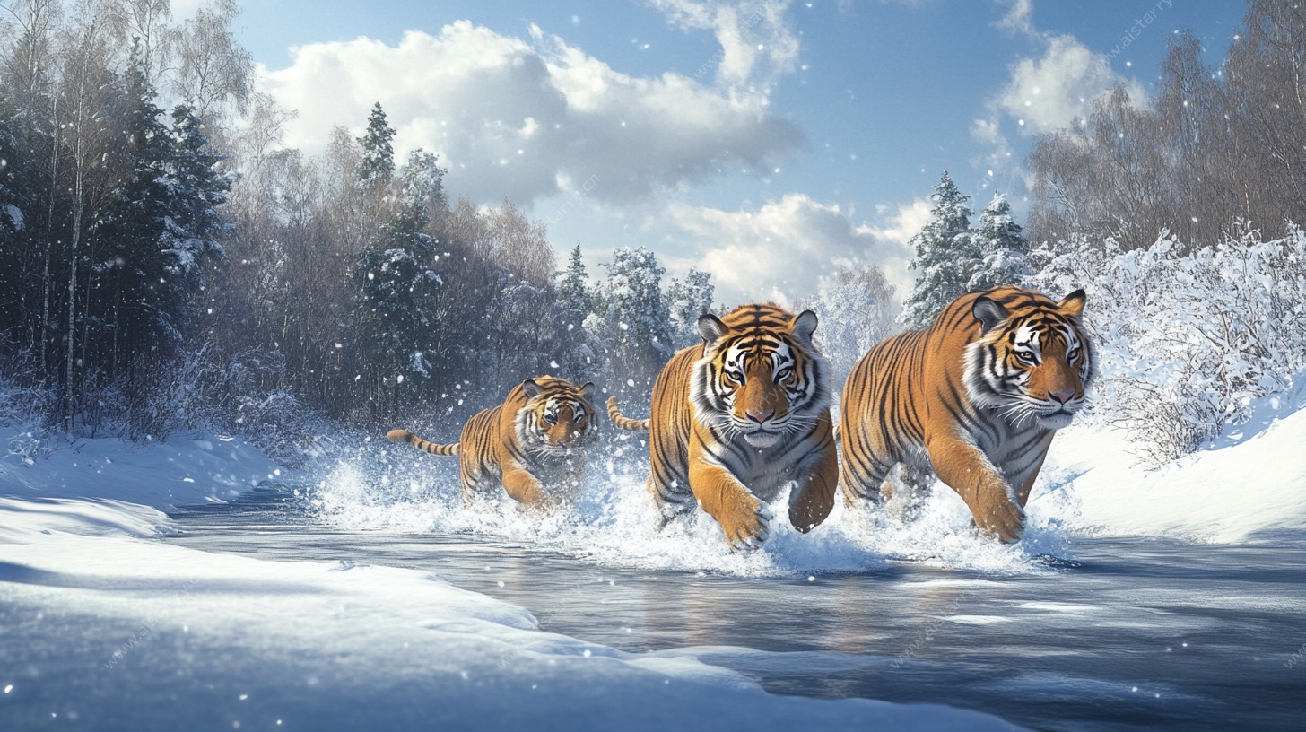雪地三虎奔腾图