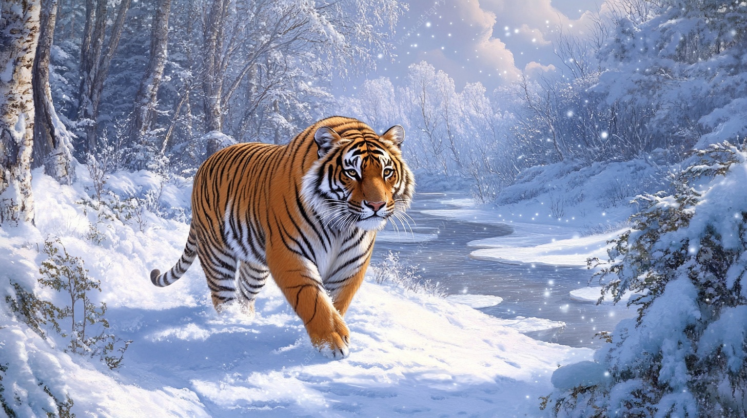 雪林漫步的老虎