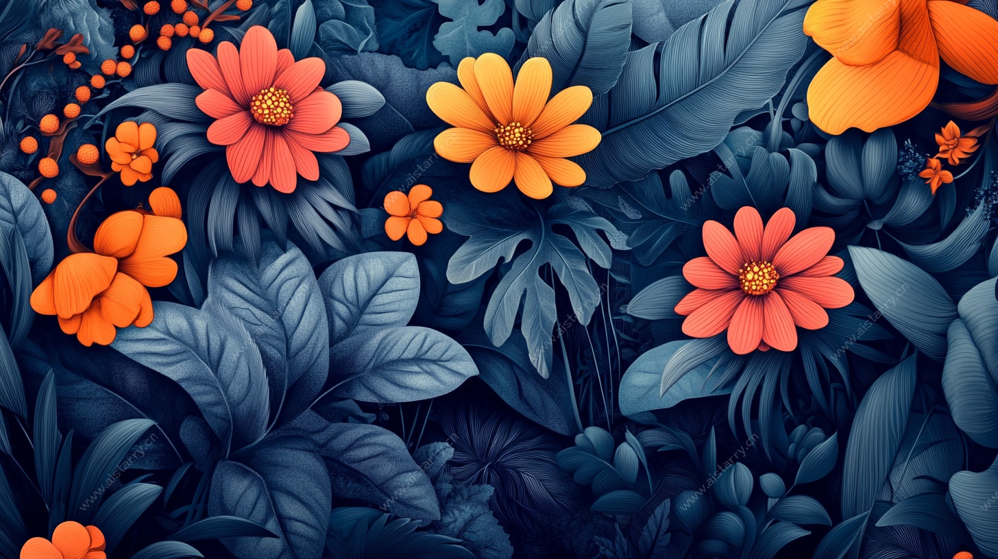 深蓝背景下的绚烂花卉