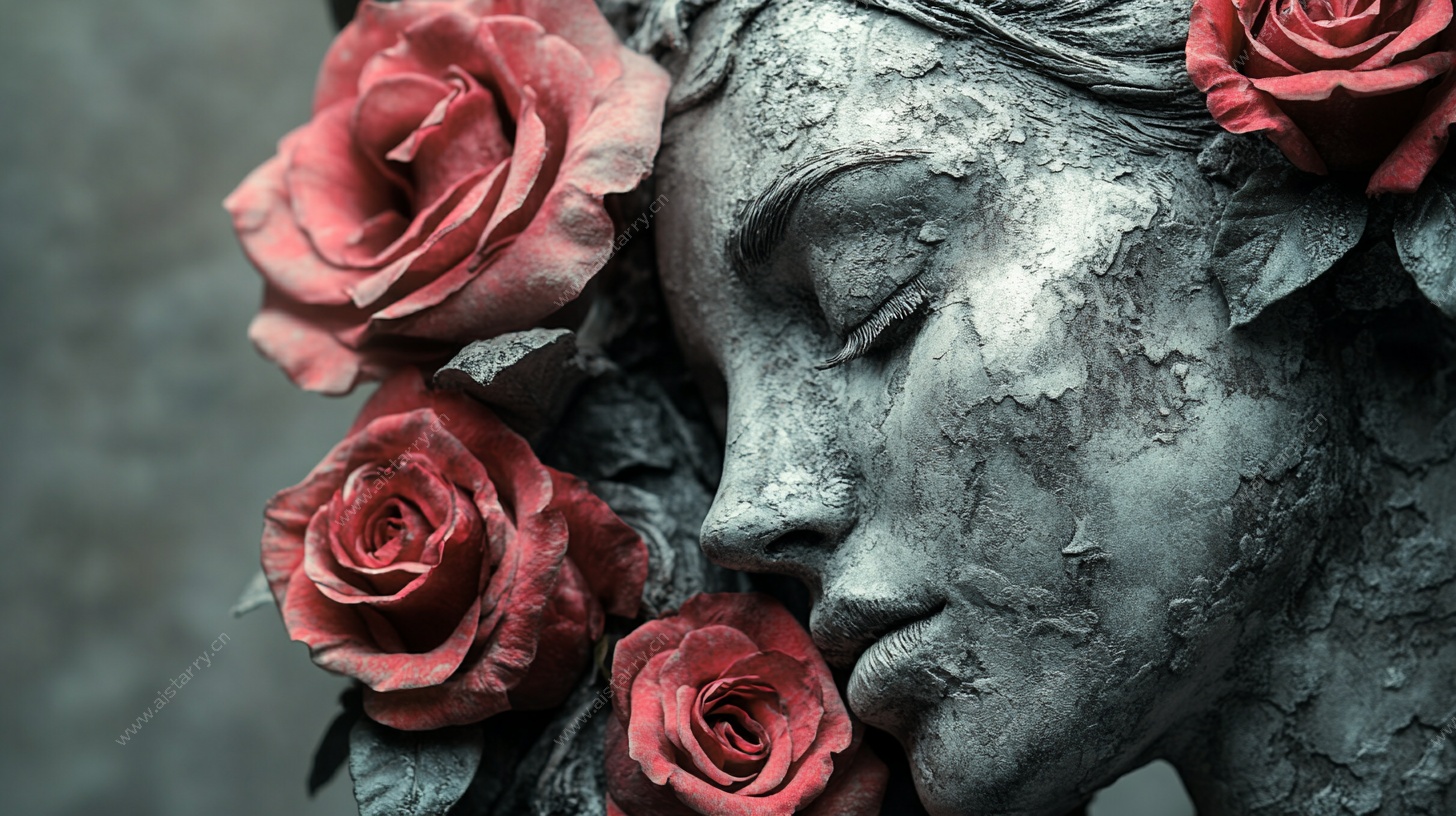 玫瑰簇拥的女性雕塑