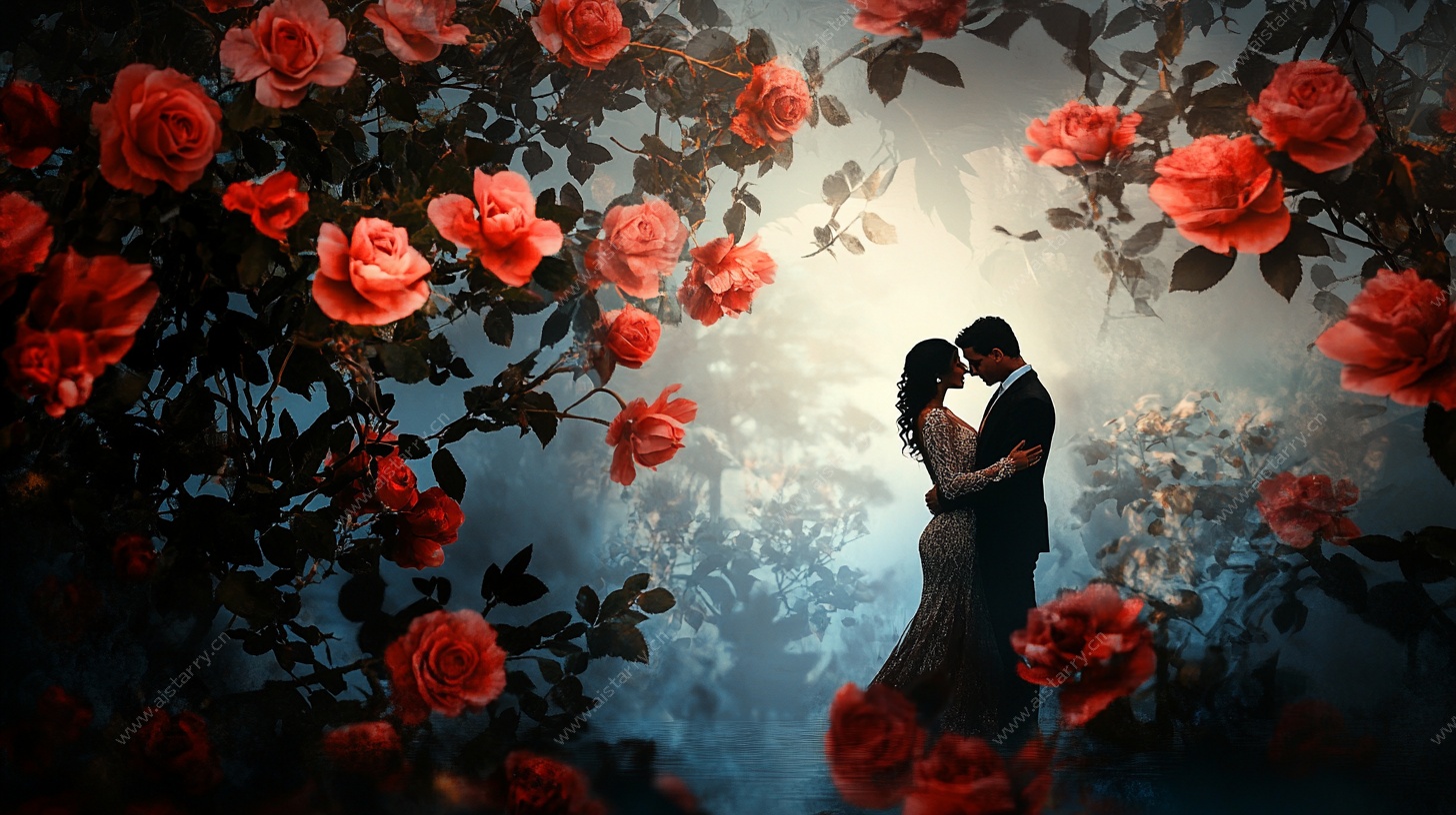 玫瑰环绕下的浪漫情侣