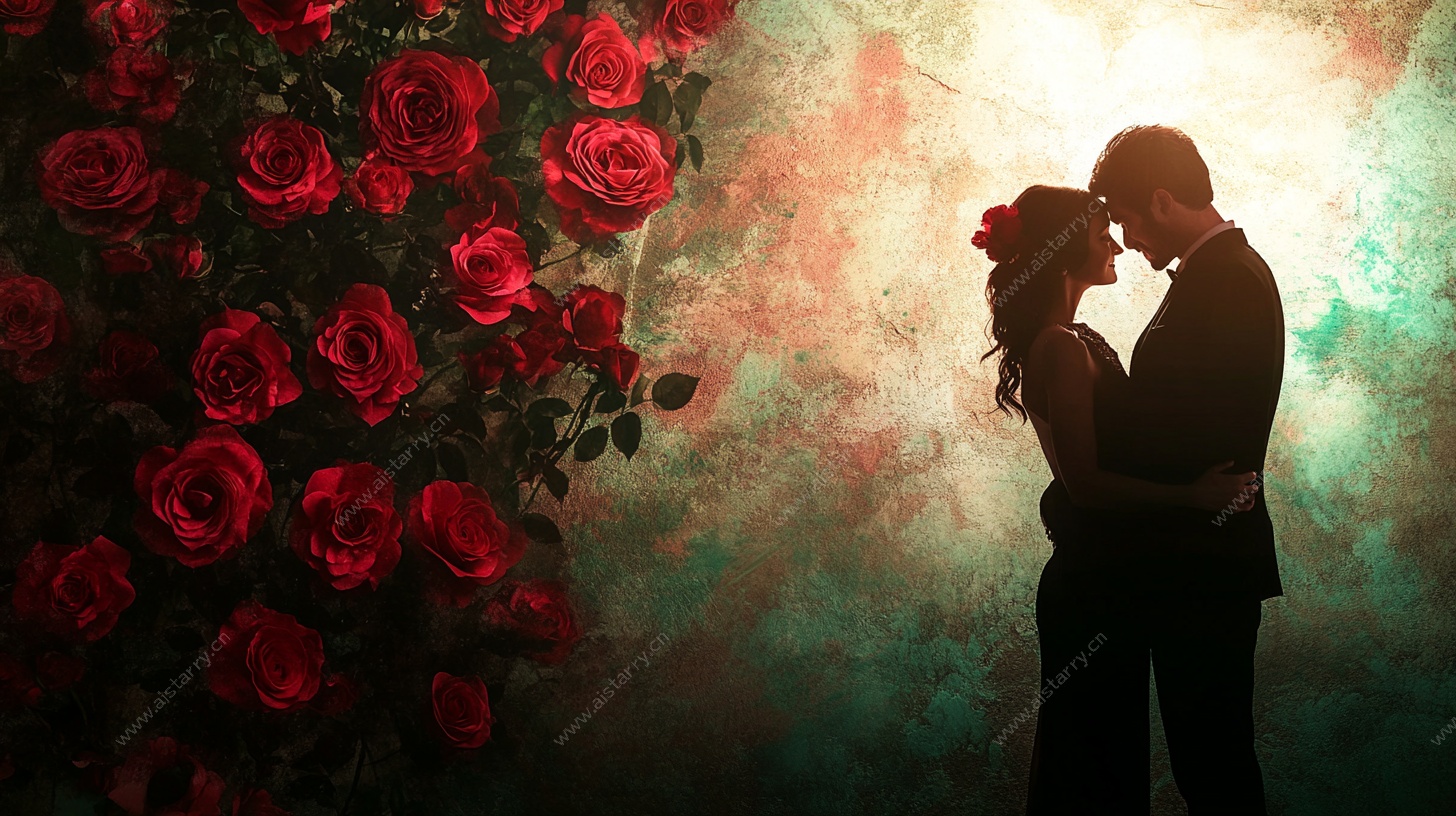 浪漫情侣玫瑰背景剪影