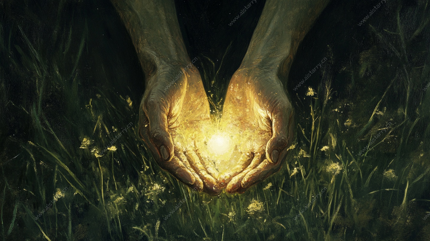 双手捧心的梦幻光影场景