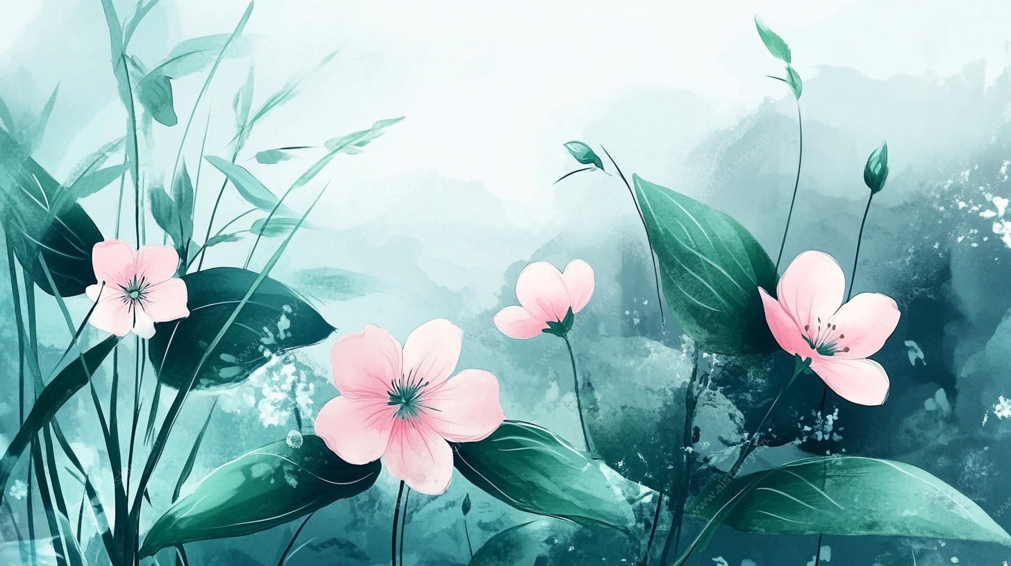 清新水墨风粉色花卉插画