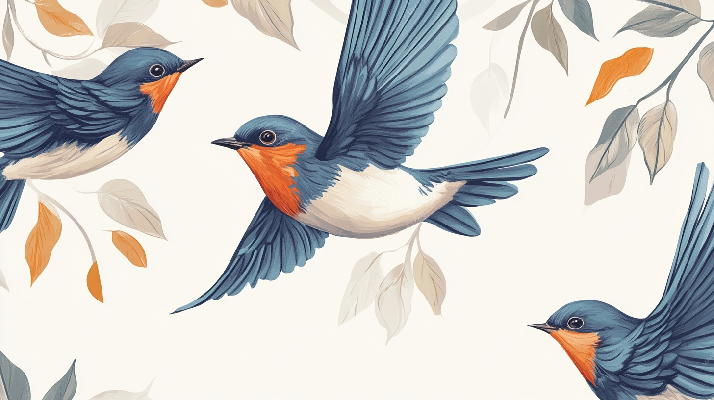 飞翔的多彩燕子与枝叶图案