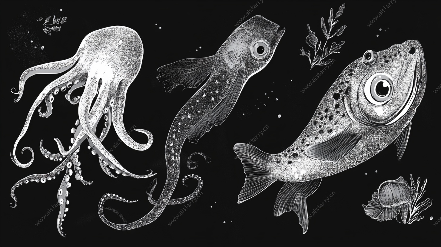 黑白海洋生物插画