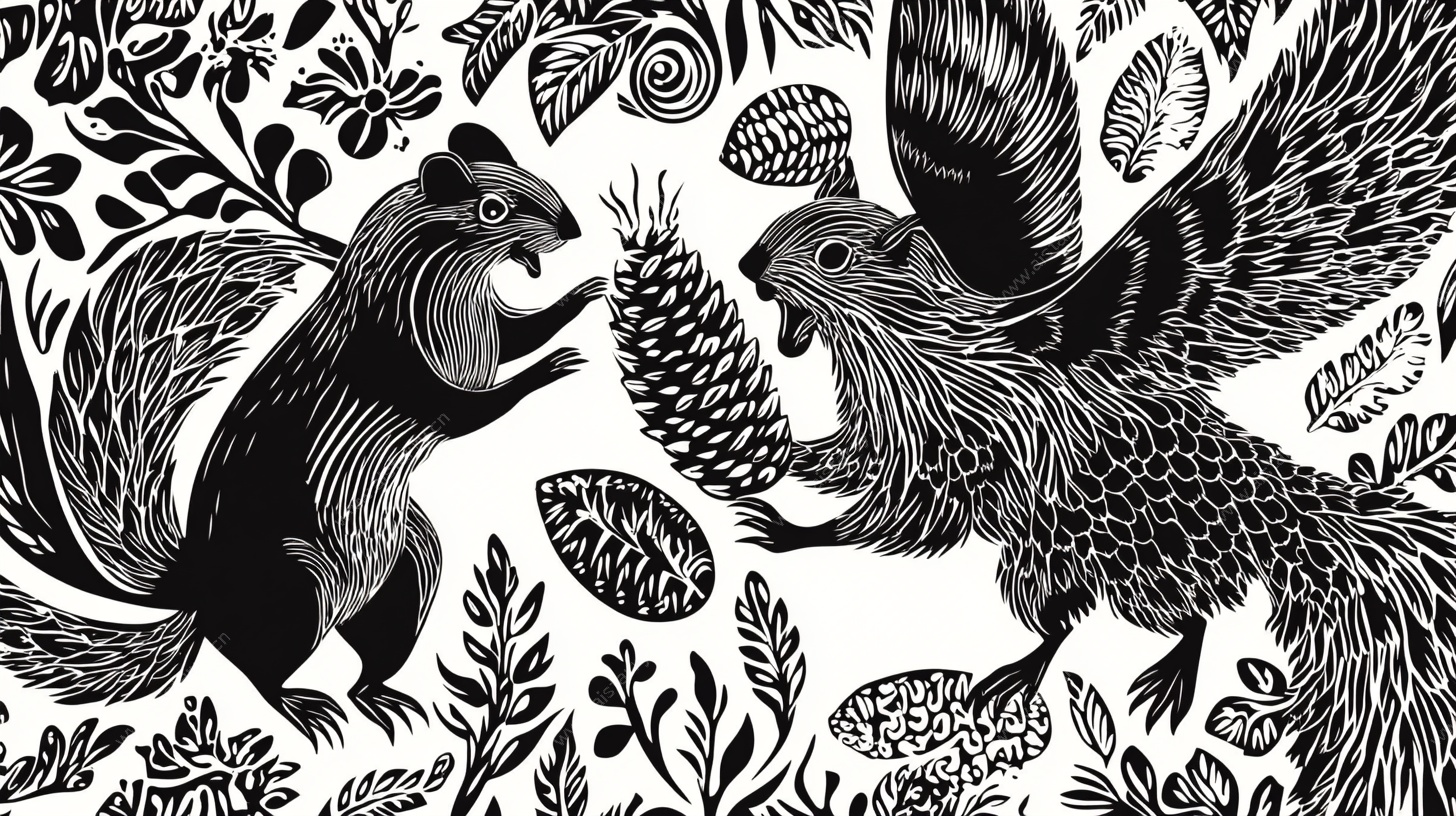 黑白松鼠松果插画图案