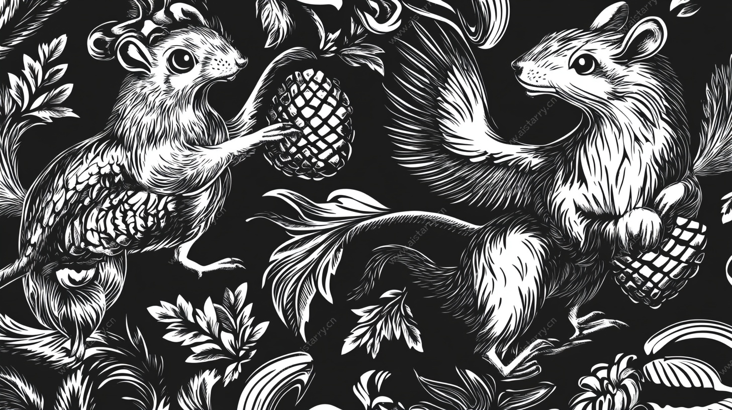 黑白松鼠植物图案插画