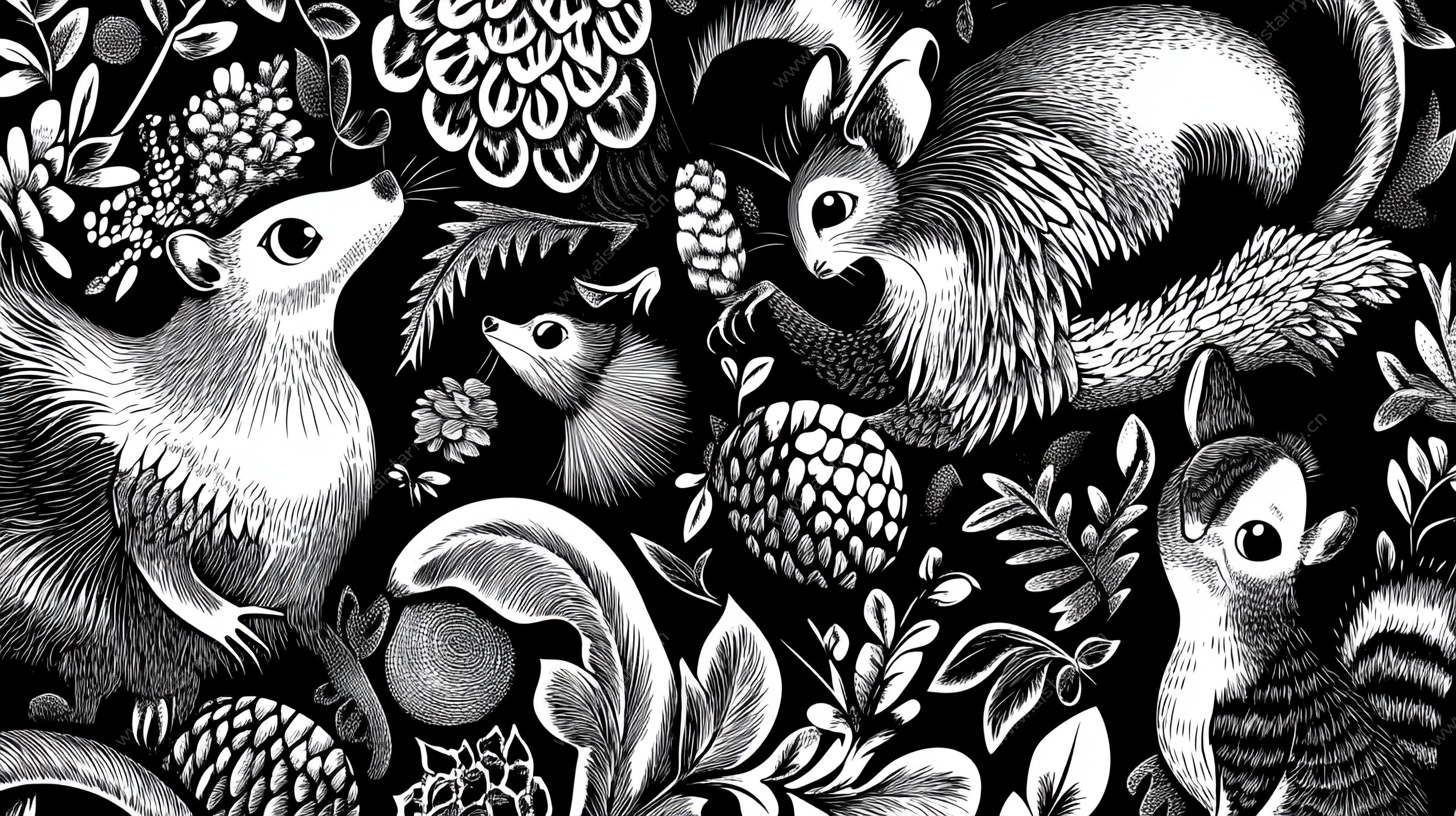 黑白松鼠与植物图案