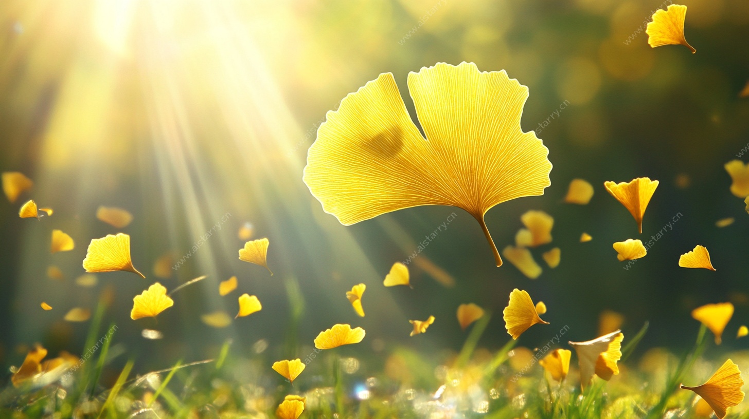 银杏叶在阳光下纷飞飘落