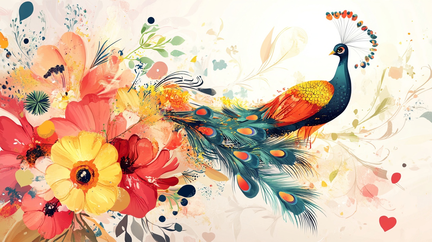 孔雀伴繁花 唯美插画风