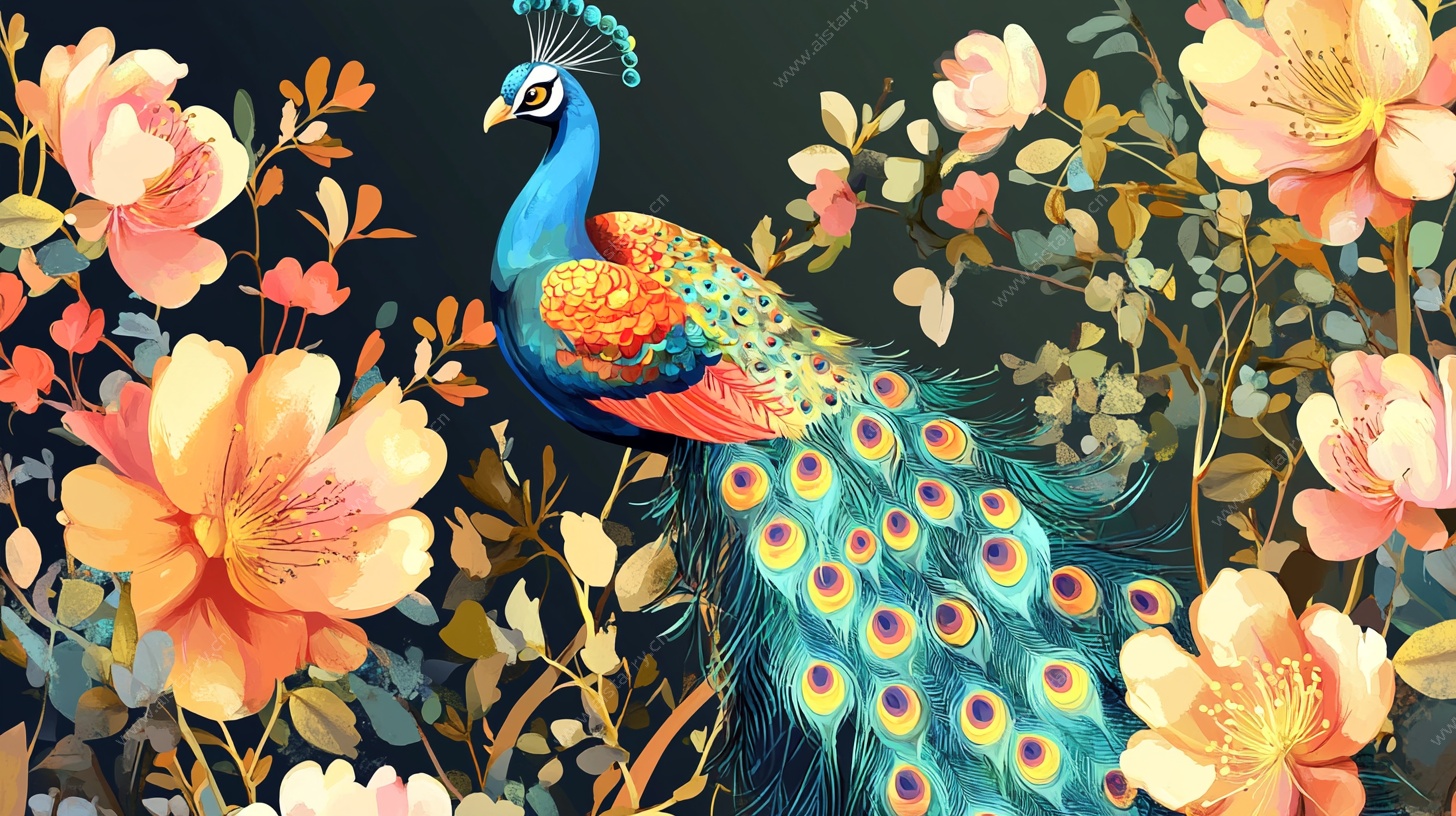 孔雀栖繁花间插画