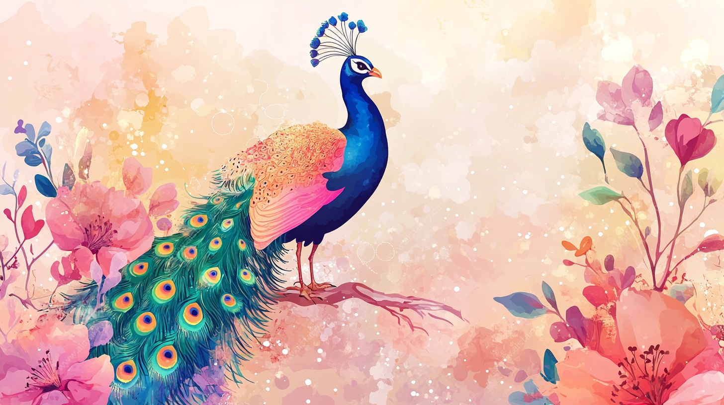 水彩风孔雀栖于繁花间