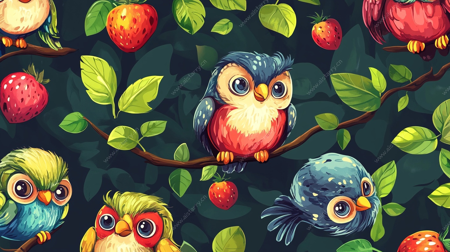 可爱猫头鹰与草莓图案