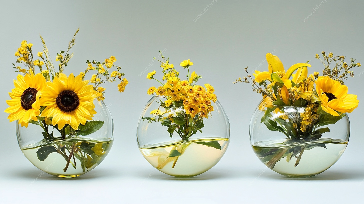 三个玻璃花瓶中的向日葵
