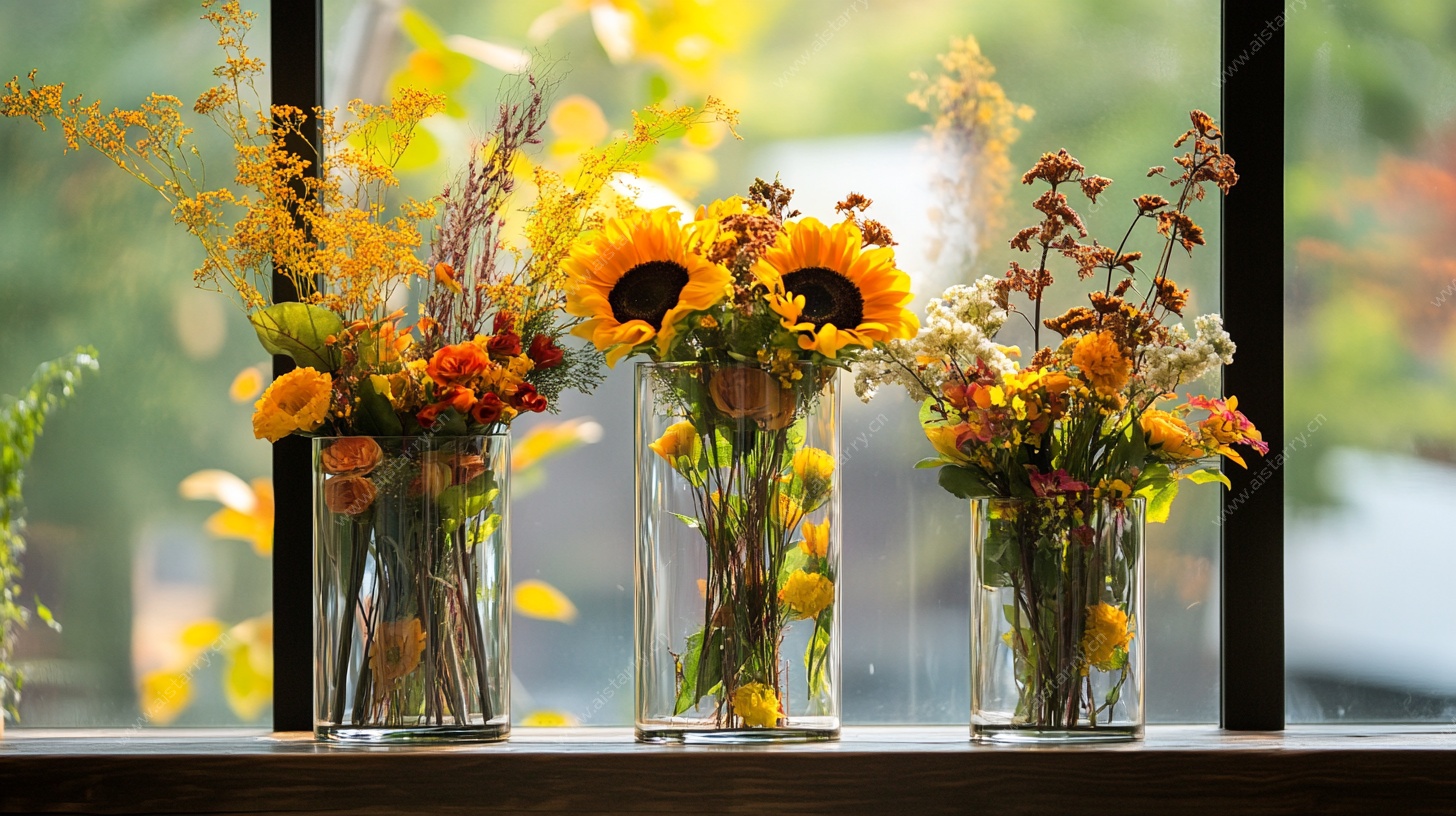 窗边花瓶中的多彩花卉