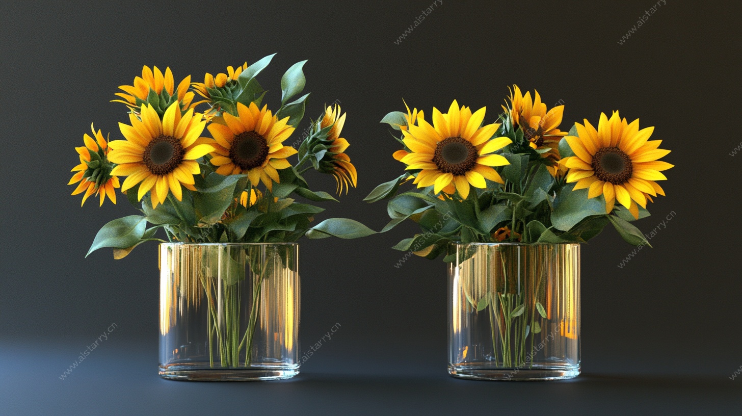 两束向日葵插于透明花瓶