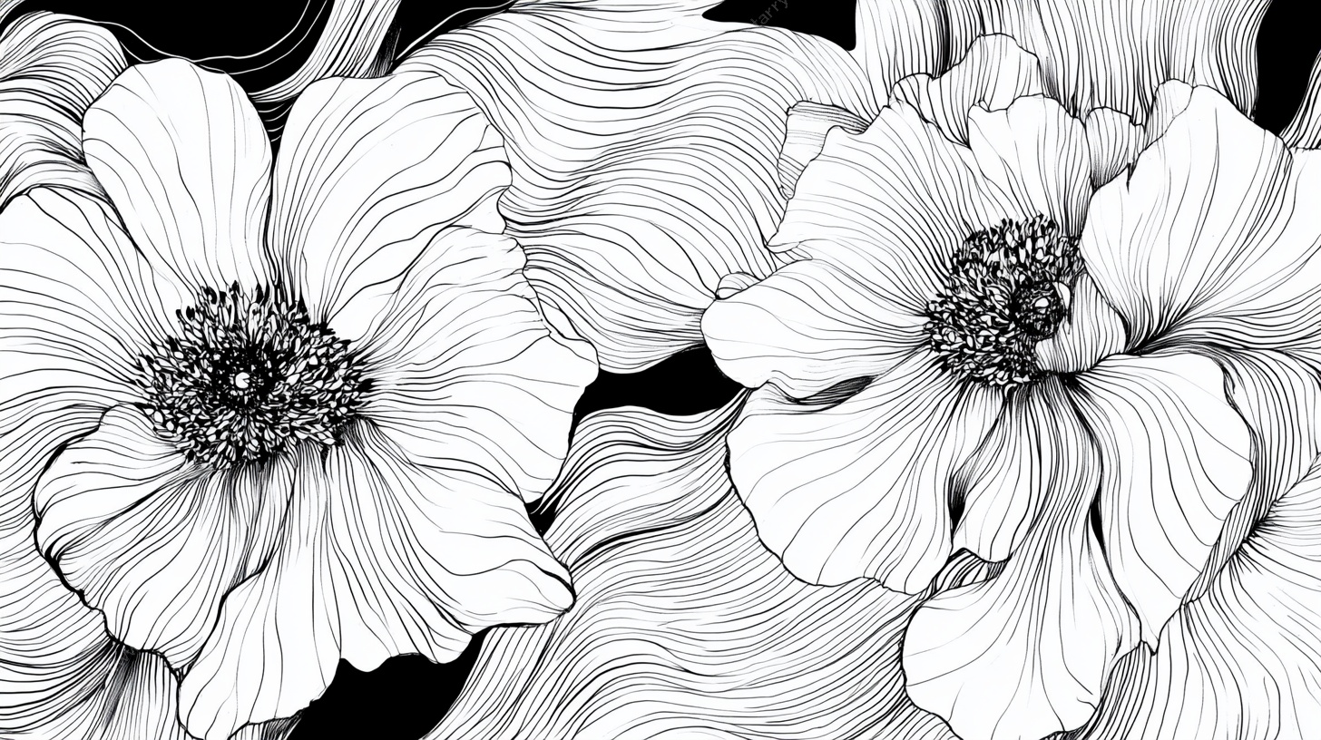 黑白花卉线条插画