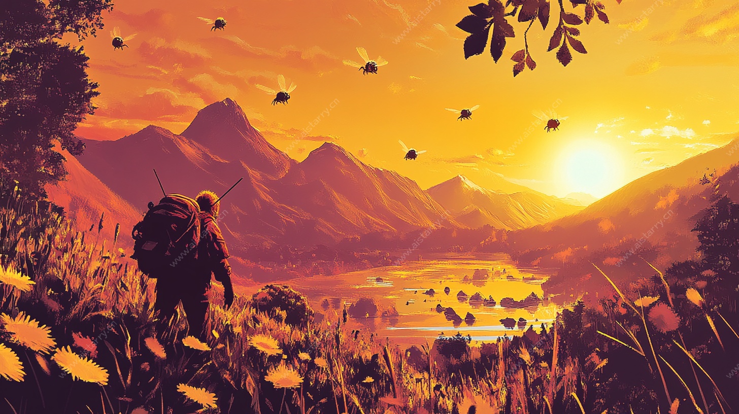 夕阳下的徒步旅行者