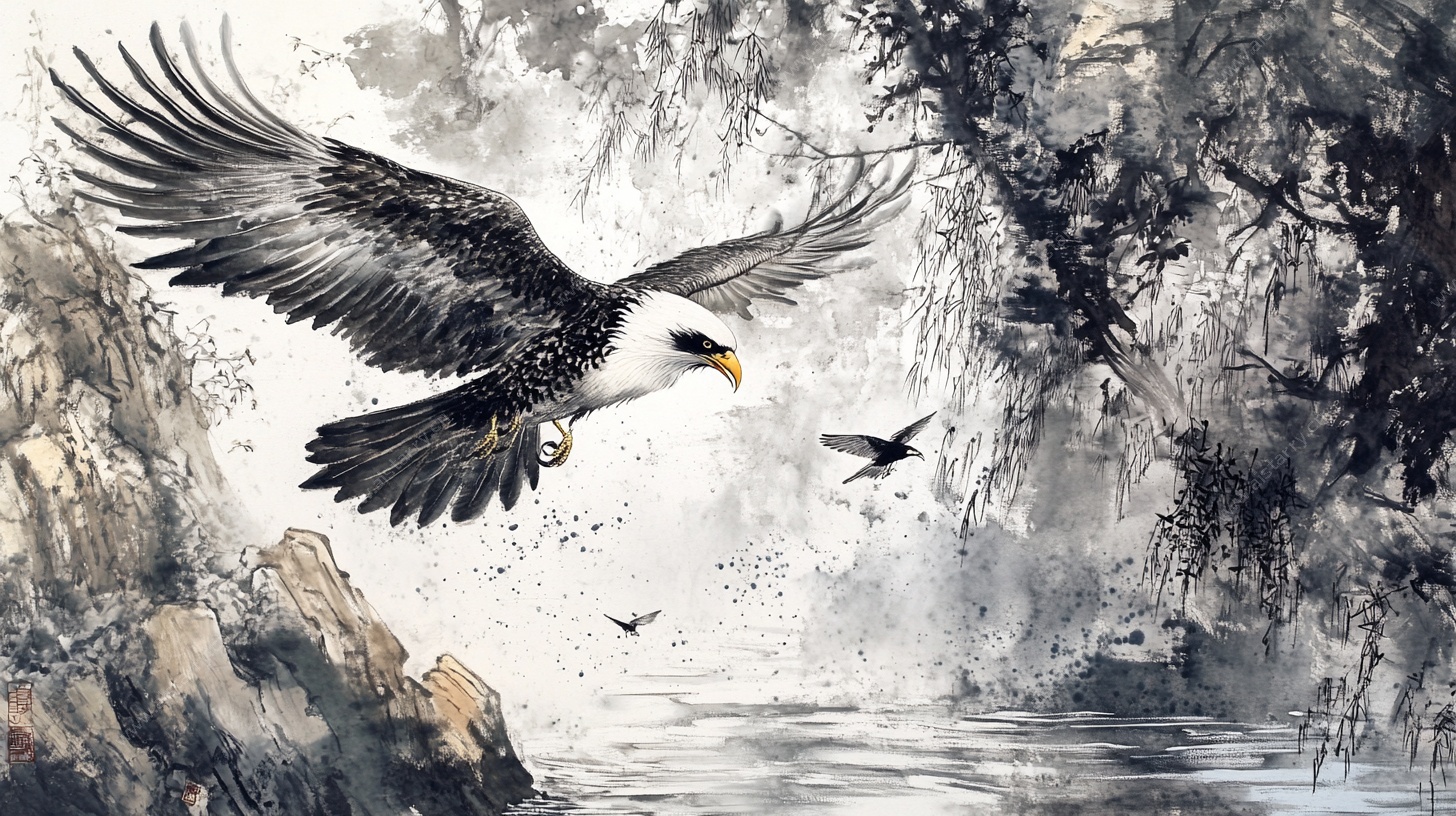 雄鹰展翅山水间