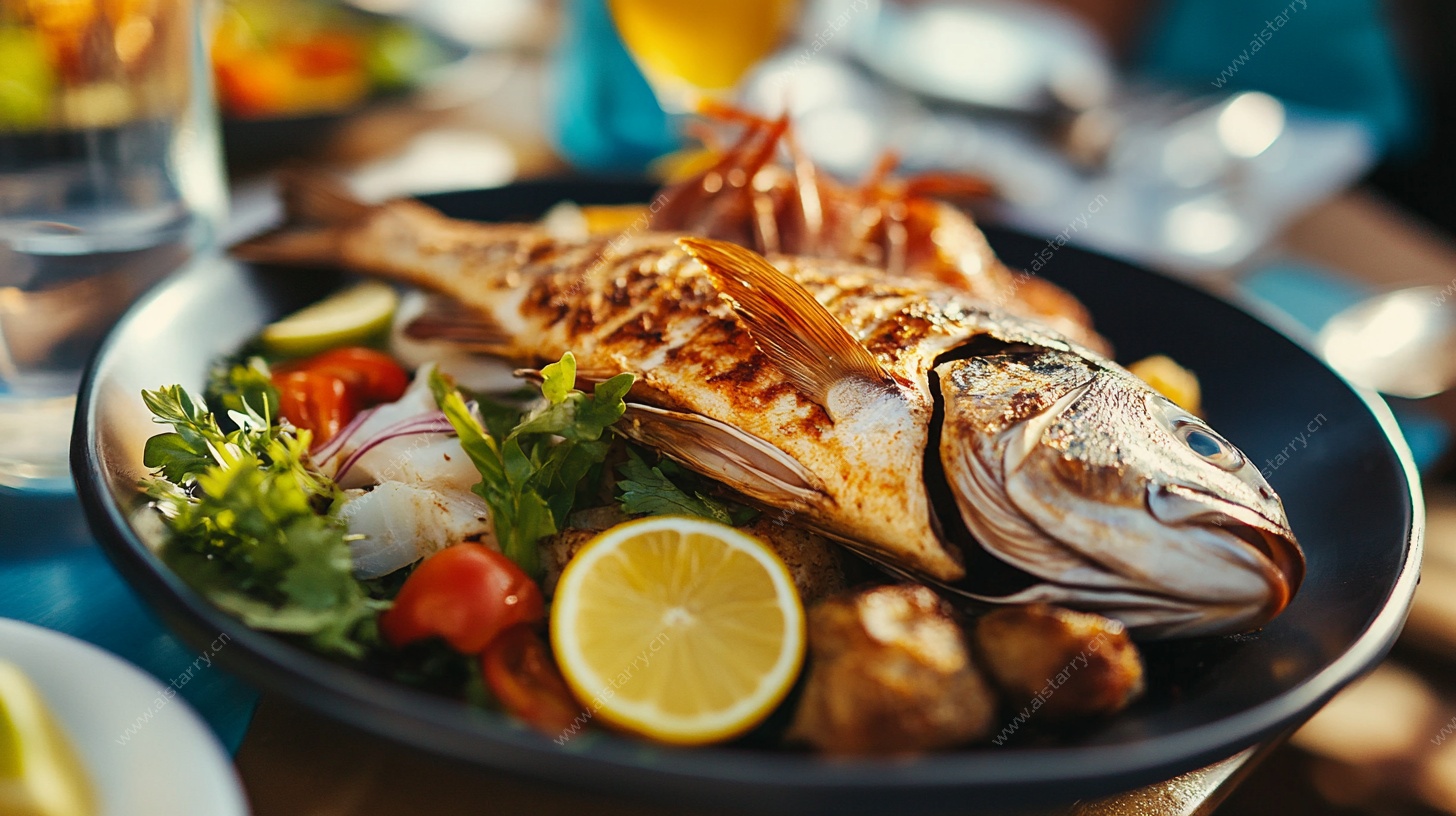 烤全鱼配蔬菜柠檬摆盘