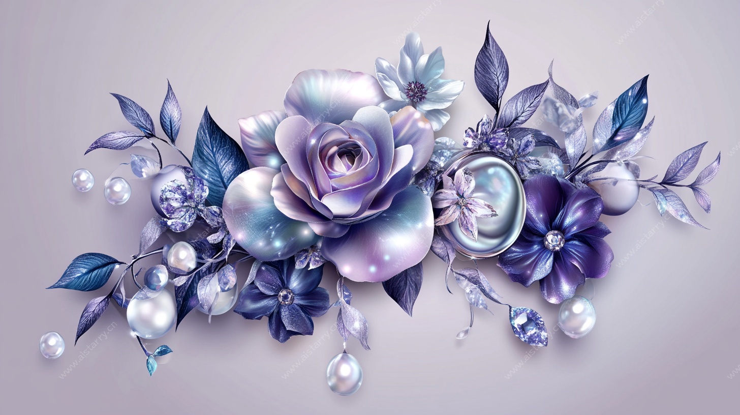 梦幻蓝紫花卉珠宝插画