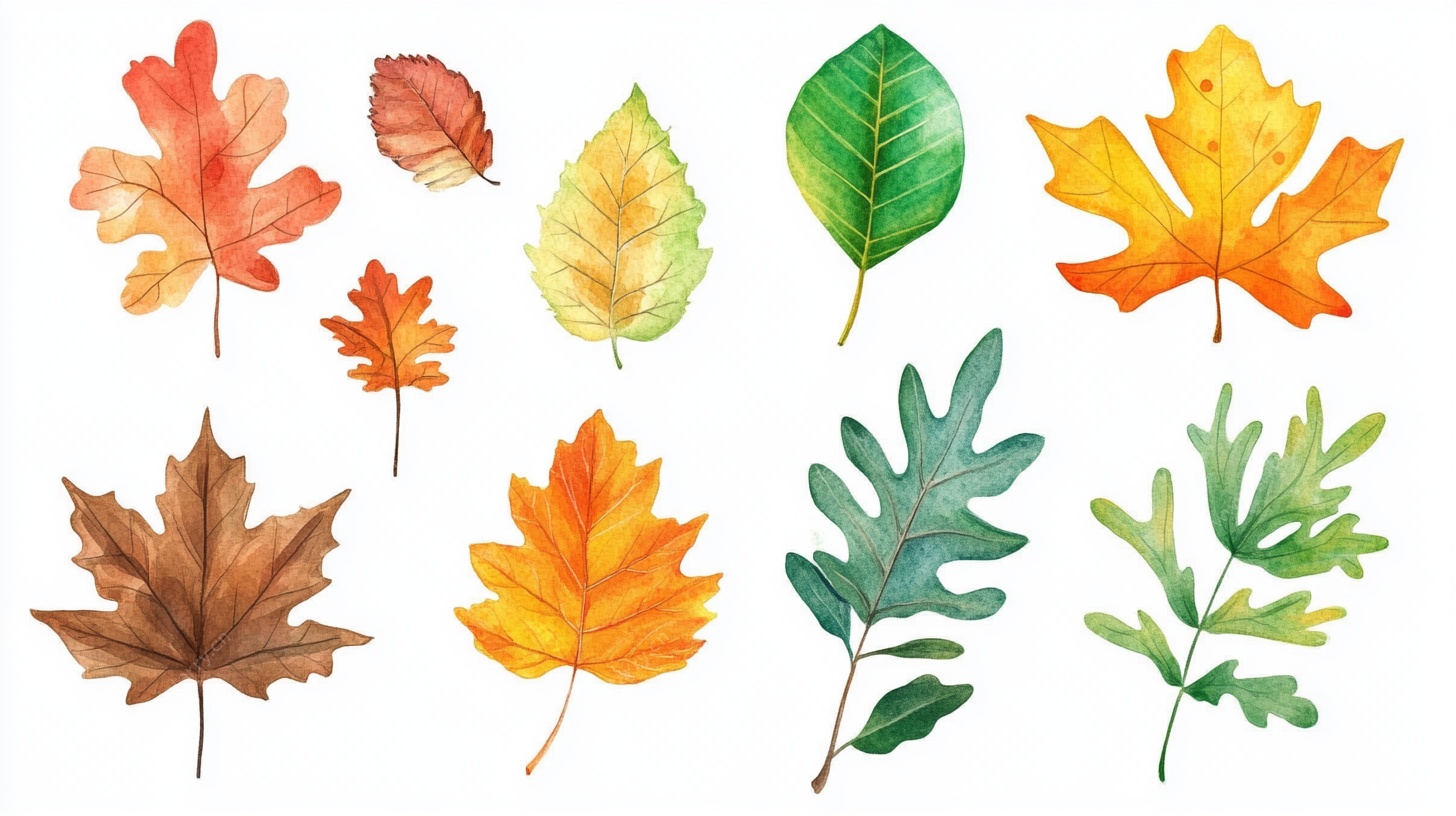 水彩绘秋季多样树叶集合