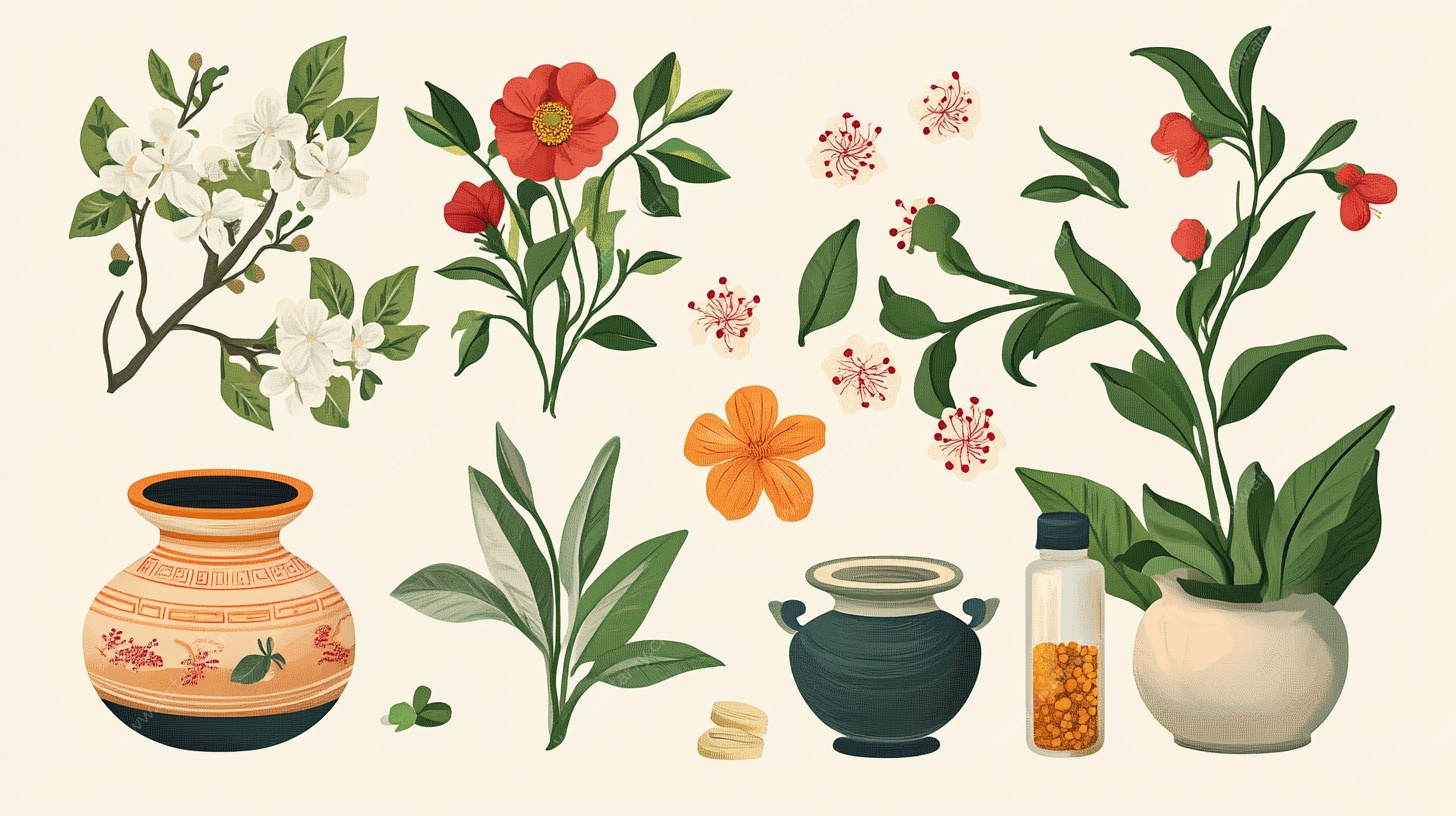 花卉绿植与器皿插画素材