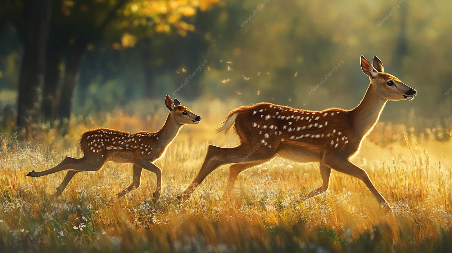 林间小鹿母子奔跑图