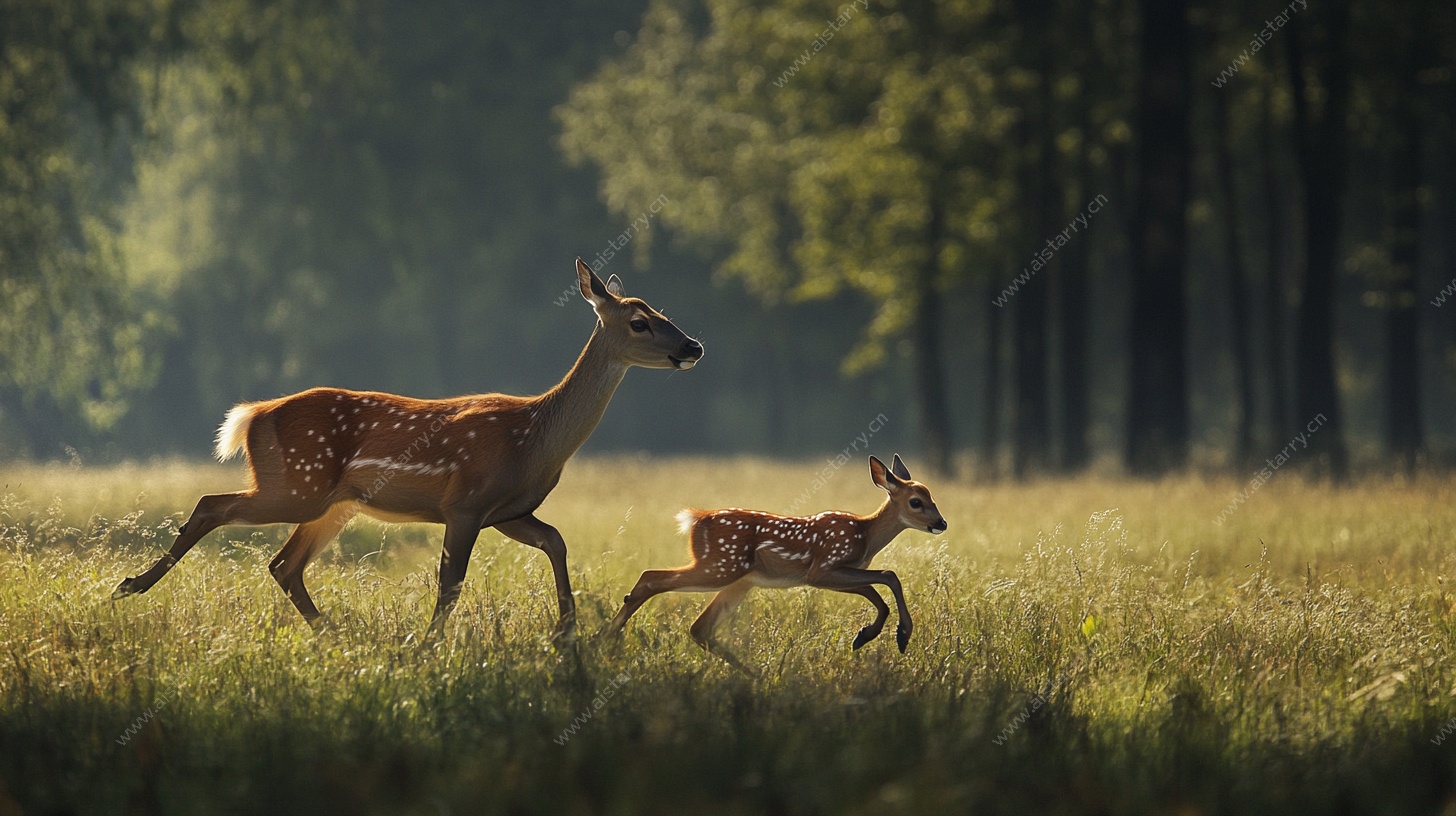林间鹿母子奔跑瞬间