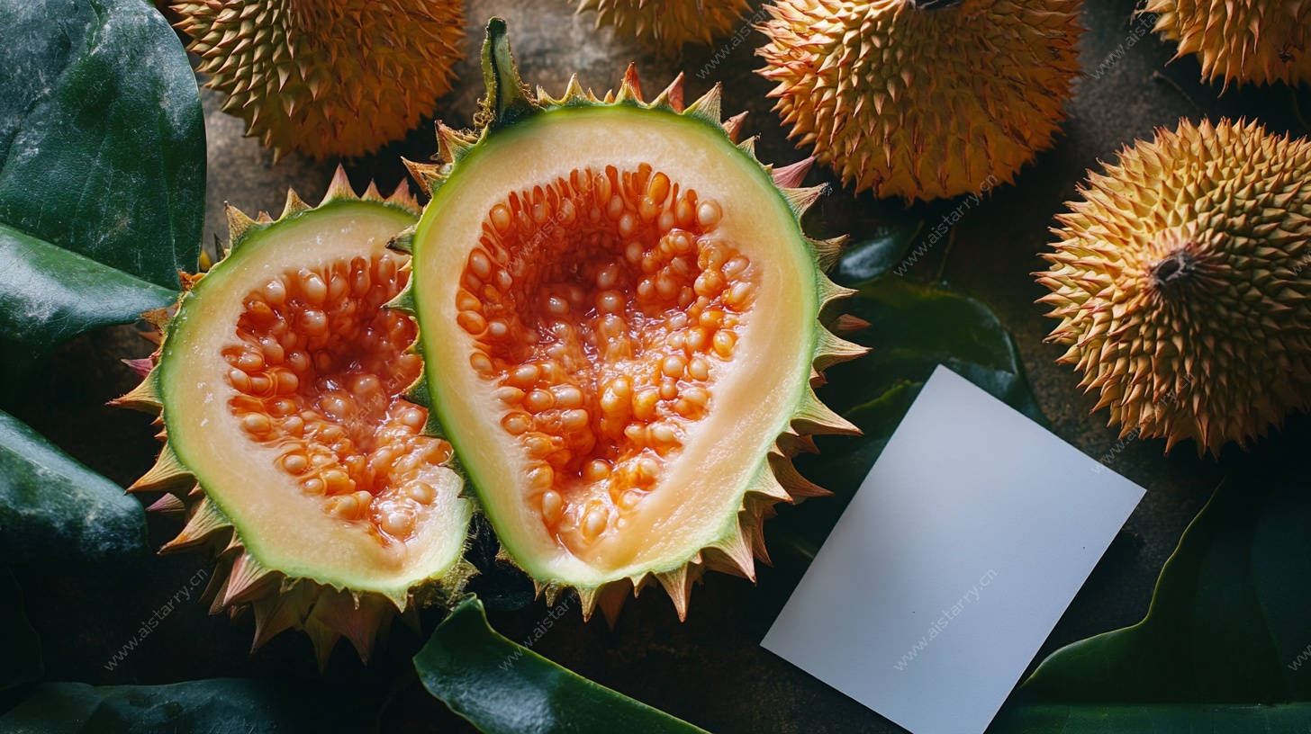 切开的刺角瓜与绿叶场景