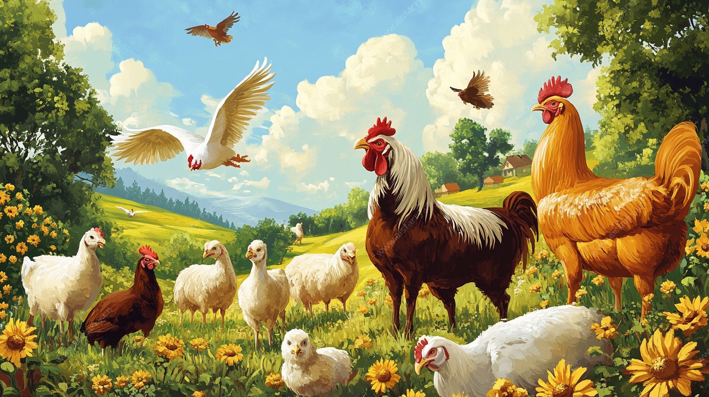 田园鸡群风景图