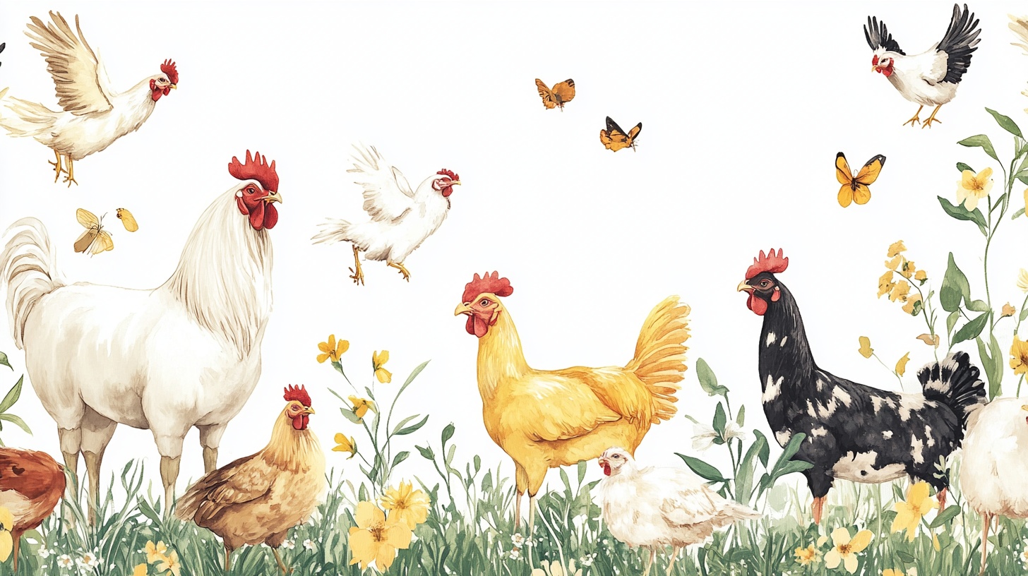 田园风鸡群与蝶鸟插画