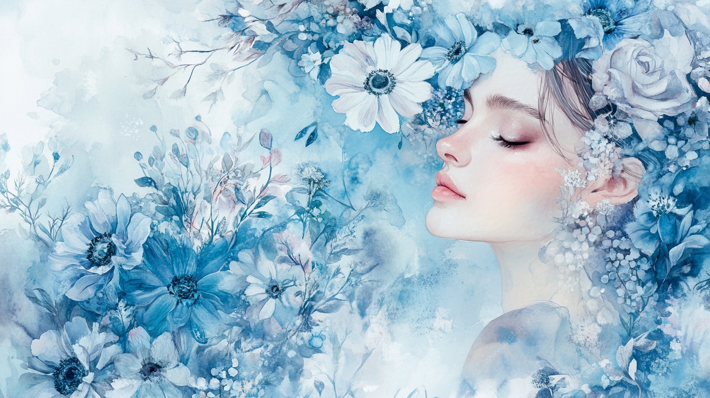 梦幻蓝调花颜少女图