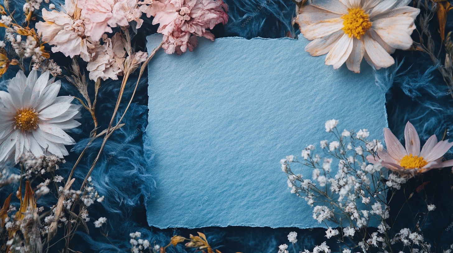 蓝色花簇中的空白信纸