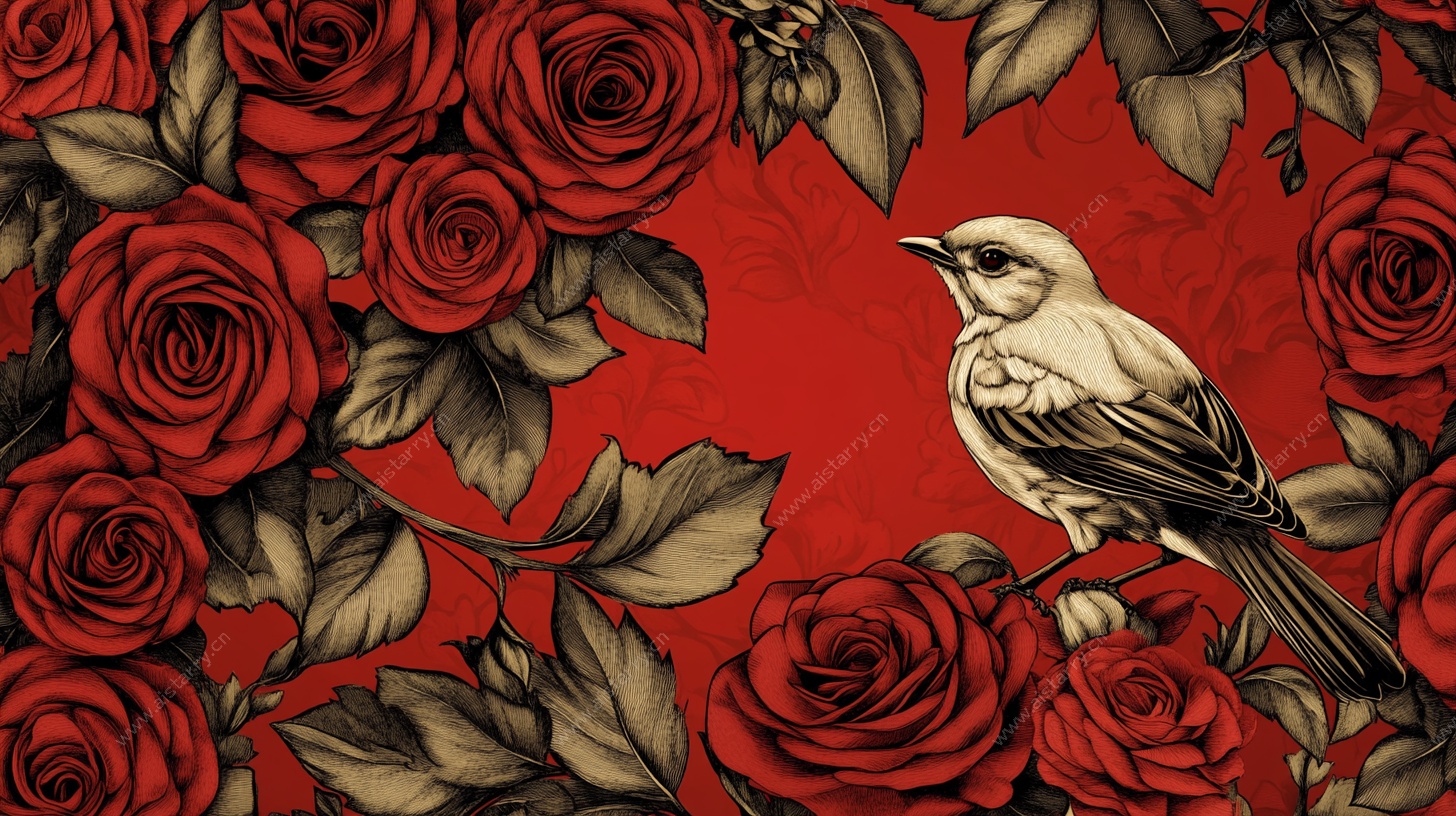 红底玫瑰间的栖息小鸟