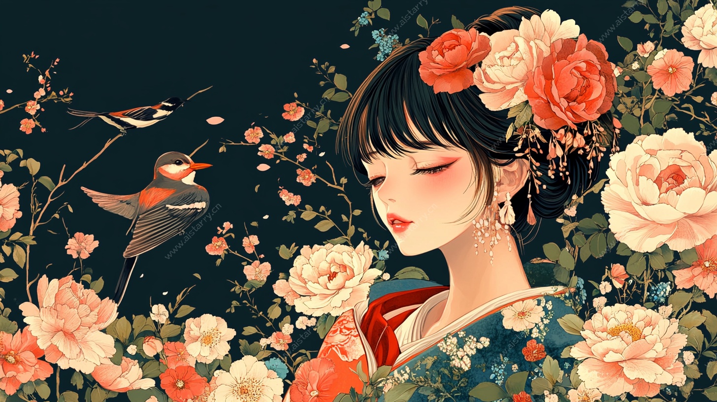 古典美人花丛间赏鸟图