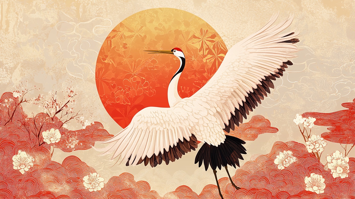 丹顶鹤展翅于红日繁花间