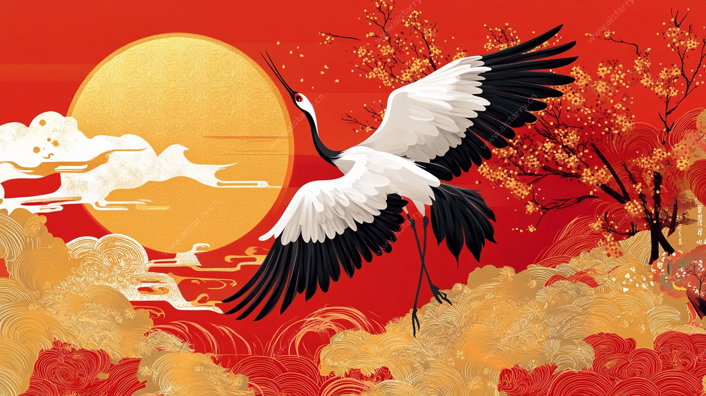 红日丹枫仙鹤图