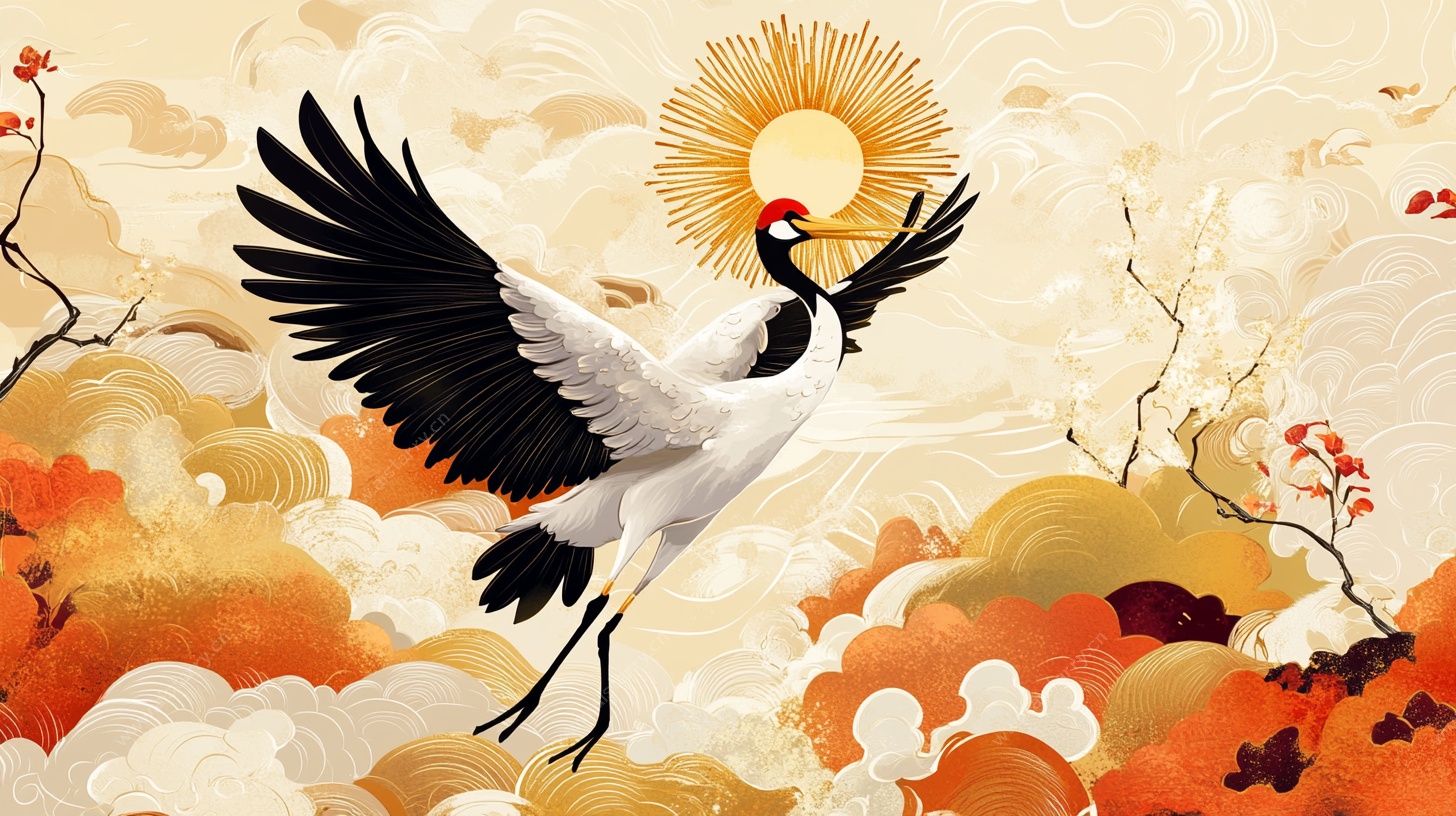 丹顶鹤翔于云海旭日间