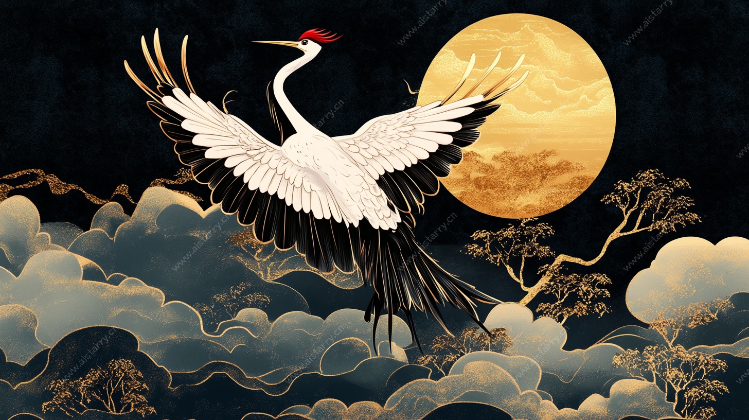 丹顶鹤月夜翔云图